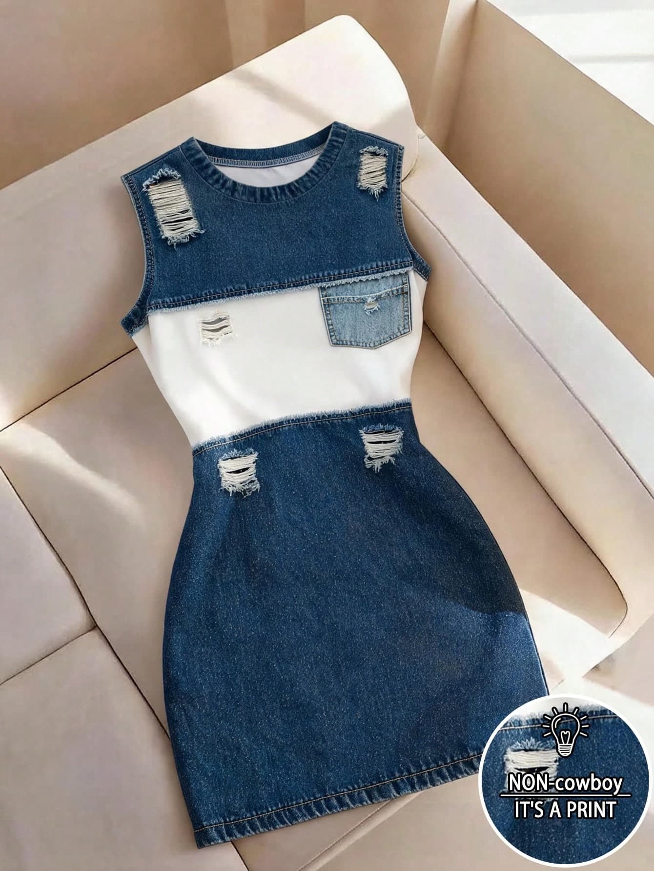 Resyla Women's Round Neck Sleeveless Patchwork Denim Effect Print Fashion Dress