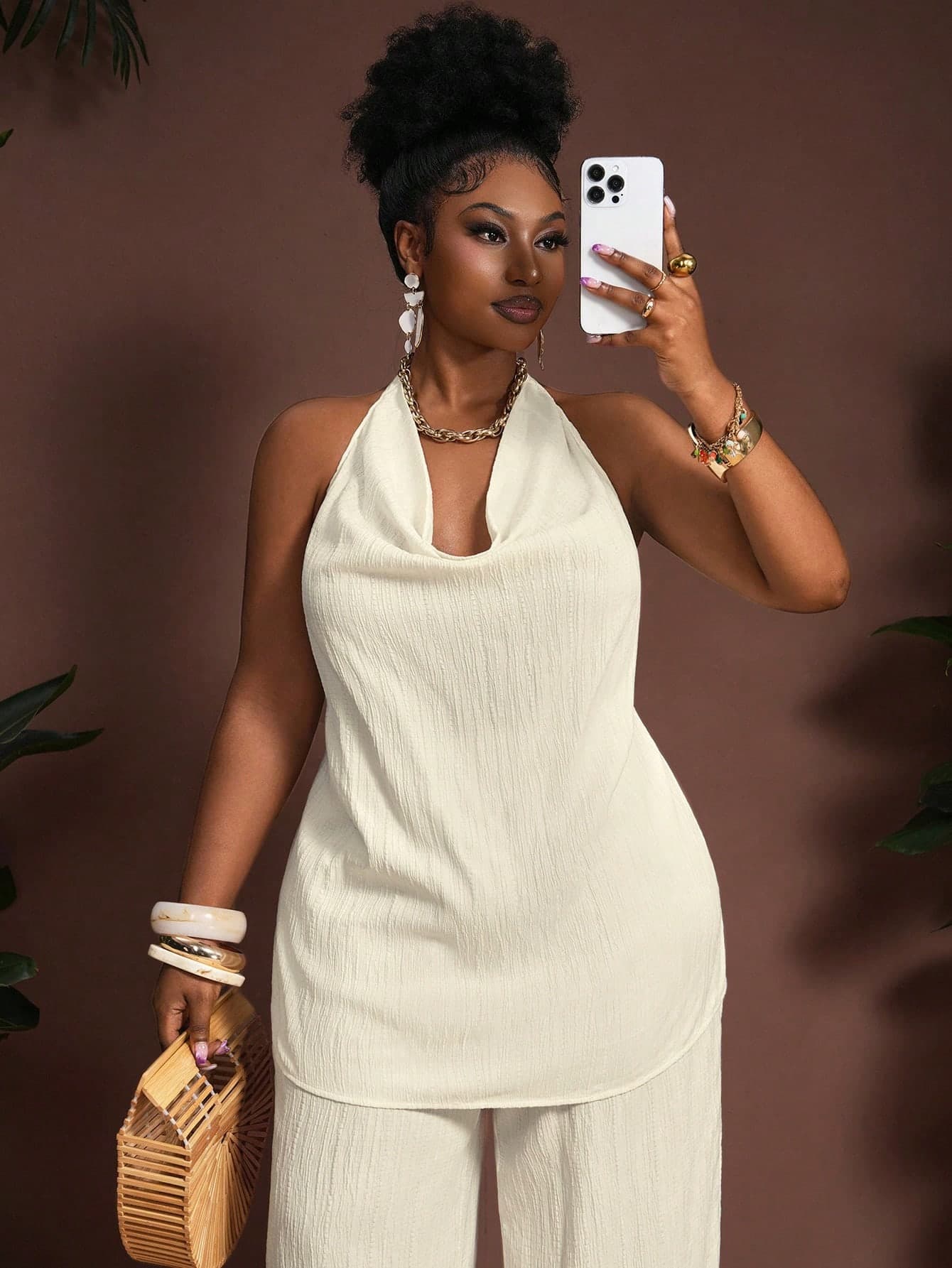 Veslaya 2025 New African Print V-Neck Sleeveless Crop Top And Wide Leg Pants 2 Pieces Set, Textured Fabric, Plus Size Women, Summer