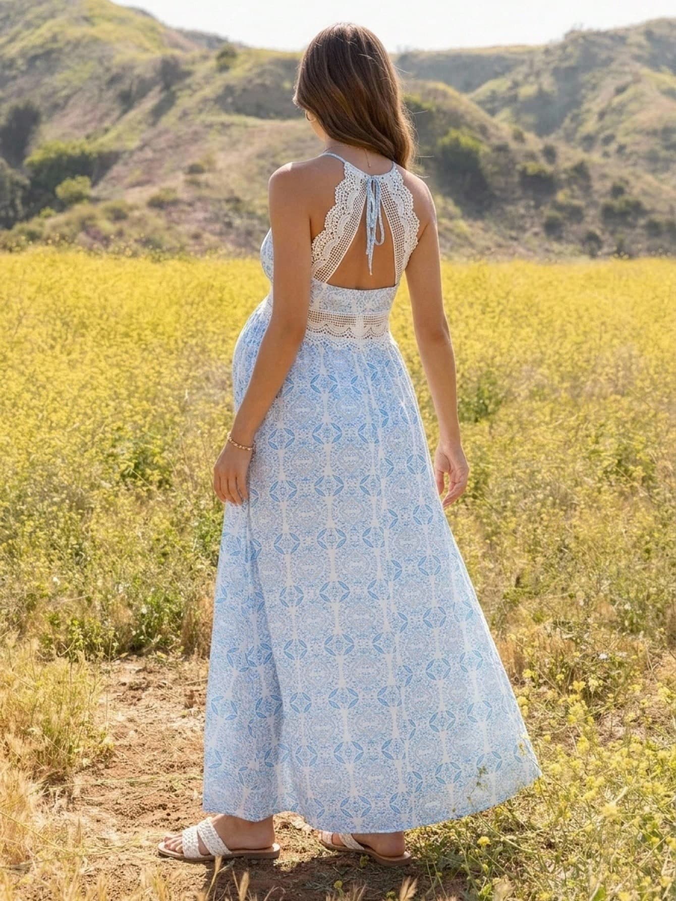 Boho Mama White Summer Boho Maternity Casual Beach Photoshoot Baby Shower Beachwear Holiday Dress, Blue Floral Print Lace Trim Backless
