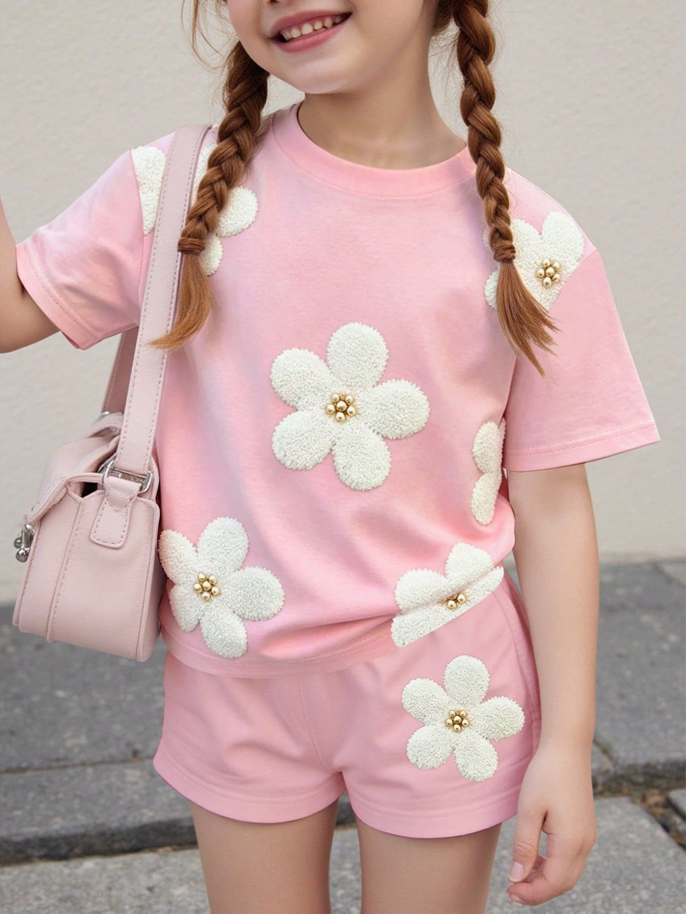Souflis Souflis 2pcs Set Young Girl Casual Comfortable Soft Loose Round Neck Short Sleeve T-Shirt & Casual Shorts, Suitable For Spring/Summer Daily Wear, Casual Cute Floral Print Short Sleeve T-Shirt & Solid Color Shorts Set, Summer Vibes, Suitable For Outings