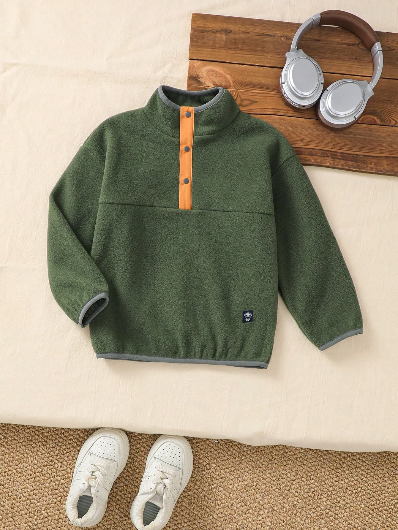 Genkimix Kids Little Boy's Light Green Textured Stand Collar Sweatshirt, Long Sleeve Half-Button Front, Playful Design