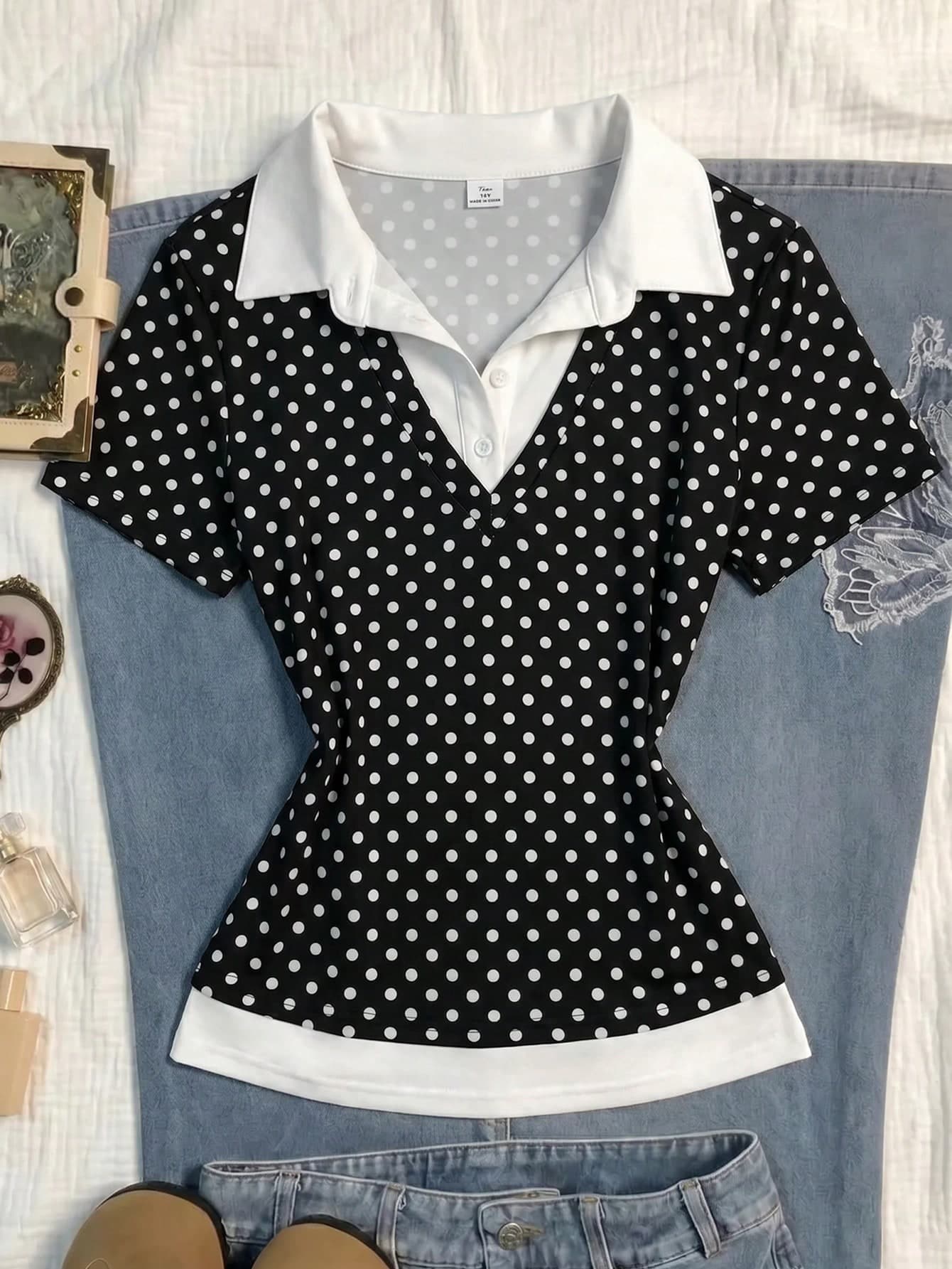Teen Girl Patchwork Polka Dot Print Short Sleeve 2 In 1 Casual T-Shirt