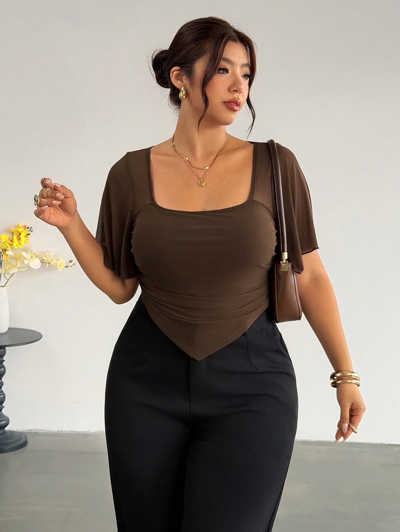 Firerie Plus Size Women's Square Neck Raglan Short Sleeve Asymmetric Hem T-Shirt Elegant Office Formal Work T-Shirt For Women Elegant Going Out Brown T-Shirt