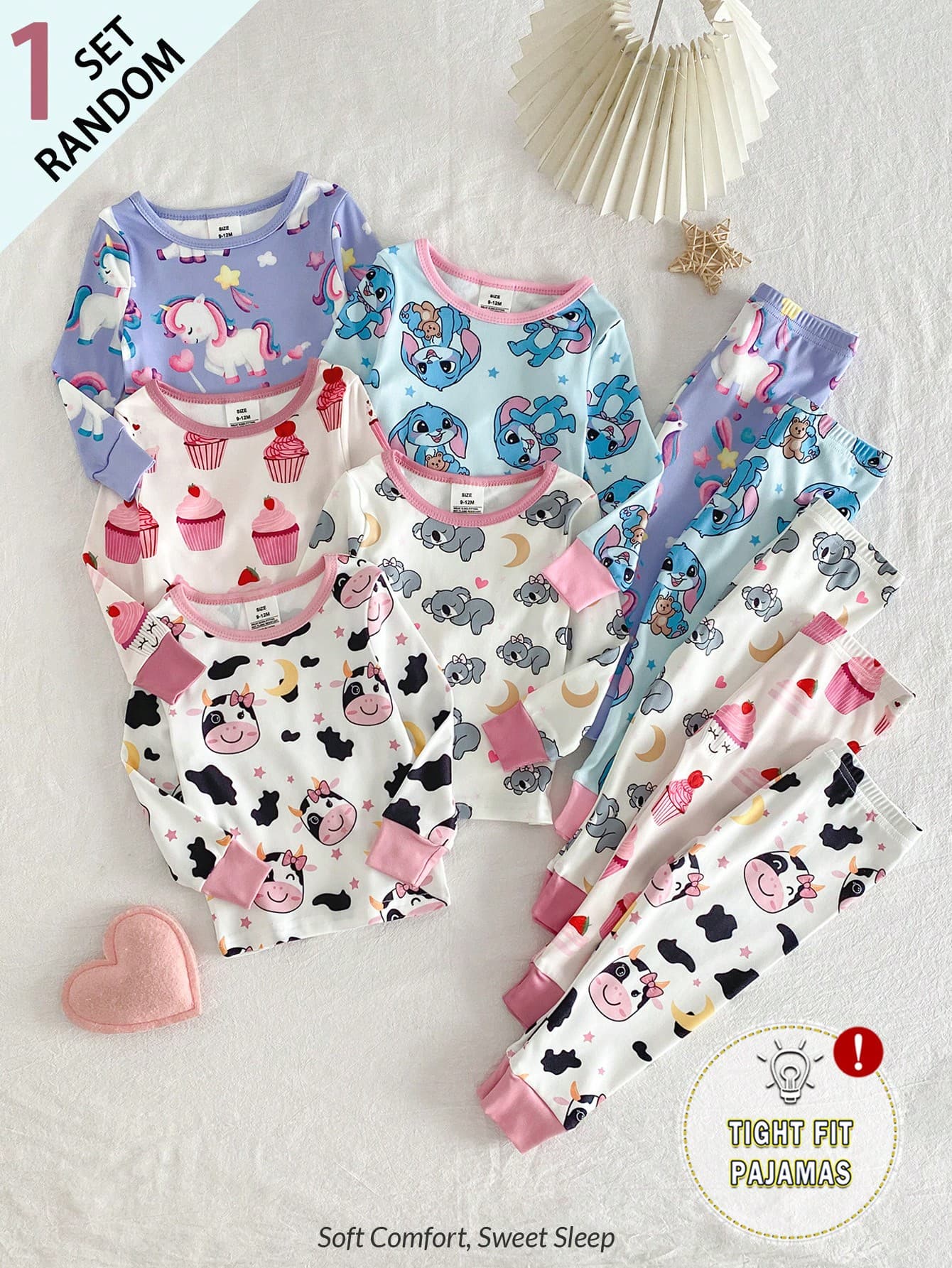 [5 Sets Randomly Sent 1 Set]Baby Girls Long Sleeve Long Pants Cute Dessert Cake Star Moon Koala Unicorn Rabbit Cow Popular Pattern Print Fabric Comfortable Loved By Many Sweet Girls Sleepwear Loungewear