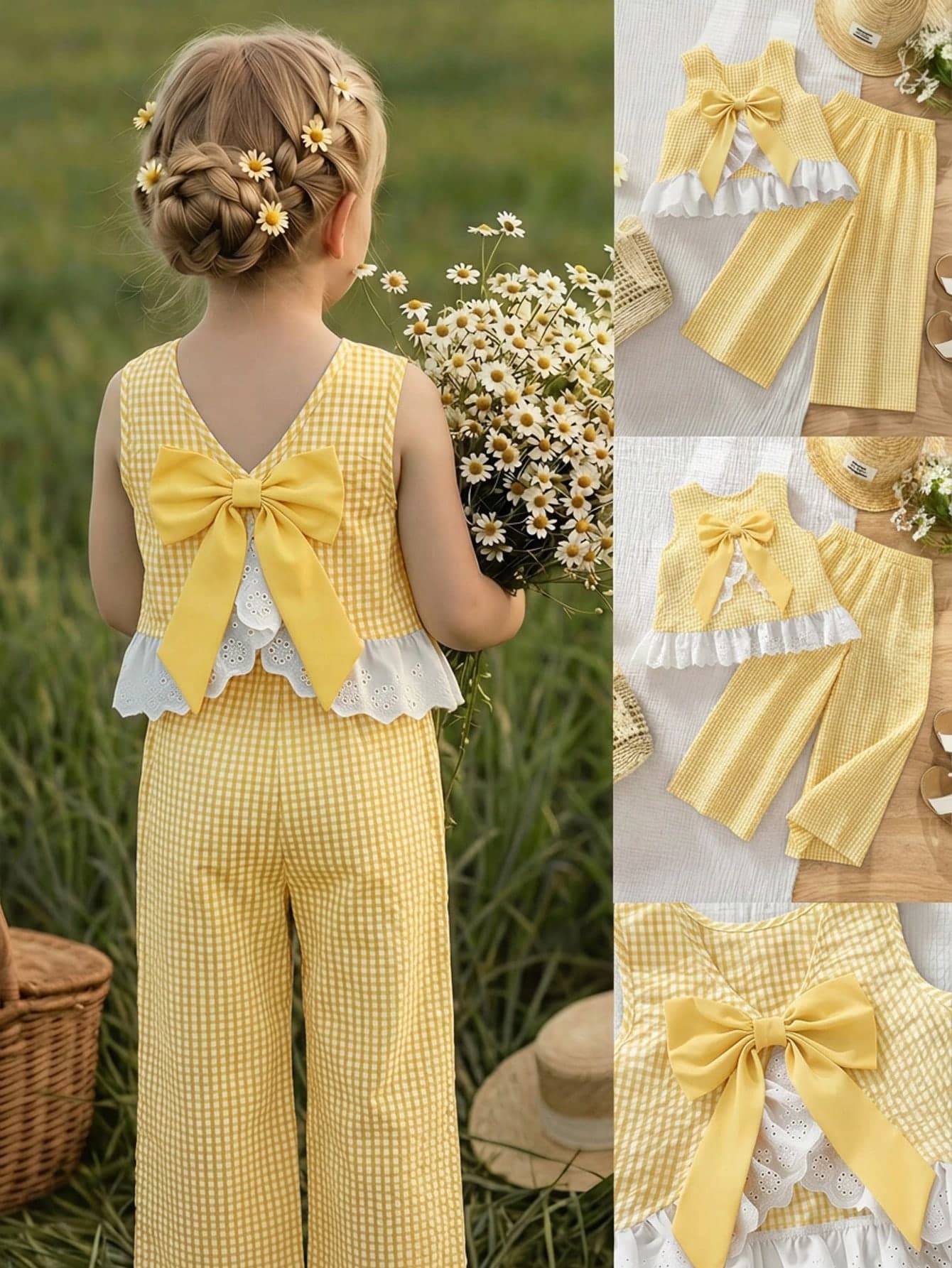 Emery Rose Kids Emery Rose Kids Kids Young Girl Plaid Bow Decor Top And Long Pants Casual Daily Set