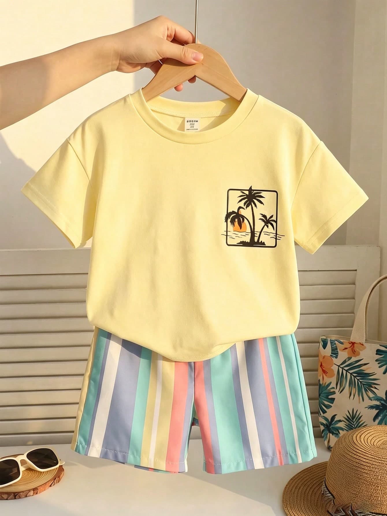SHEIN Playful Pals 2pcs/Set Boys Casual Fashion Comfortable Pattern Print Crew Neck Drop Shoulder Top And Striped Print Shorts, Suitable For Spring/Summer, Outdoor Play, Daily Versatile, Soft Summer Apparel, Vacation