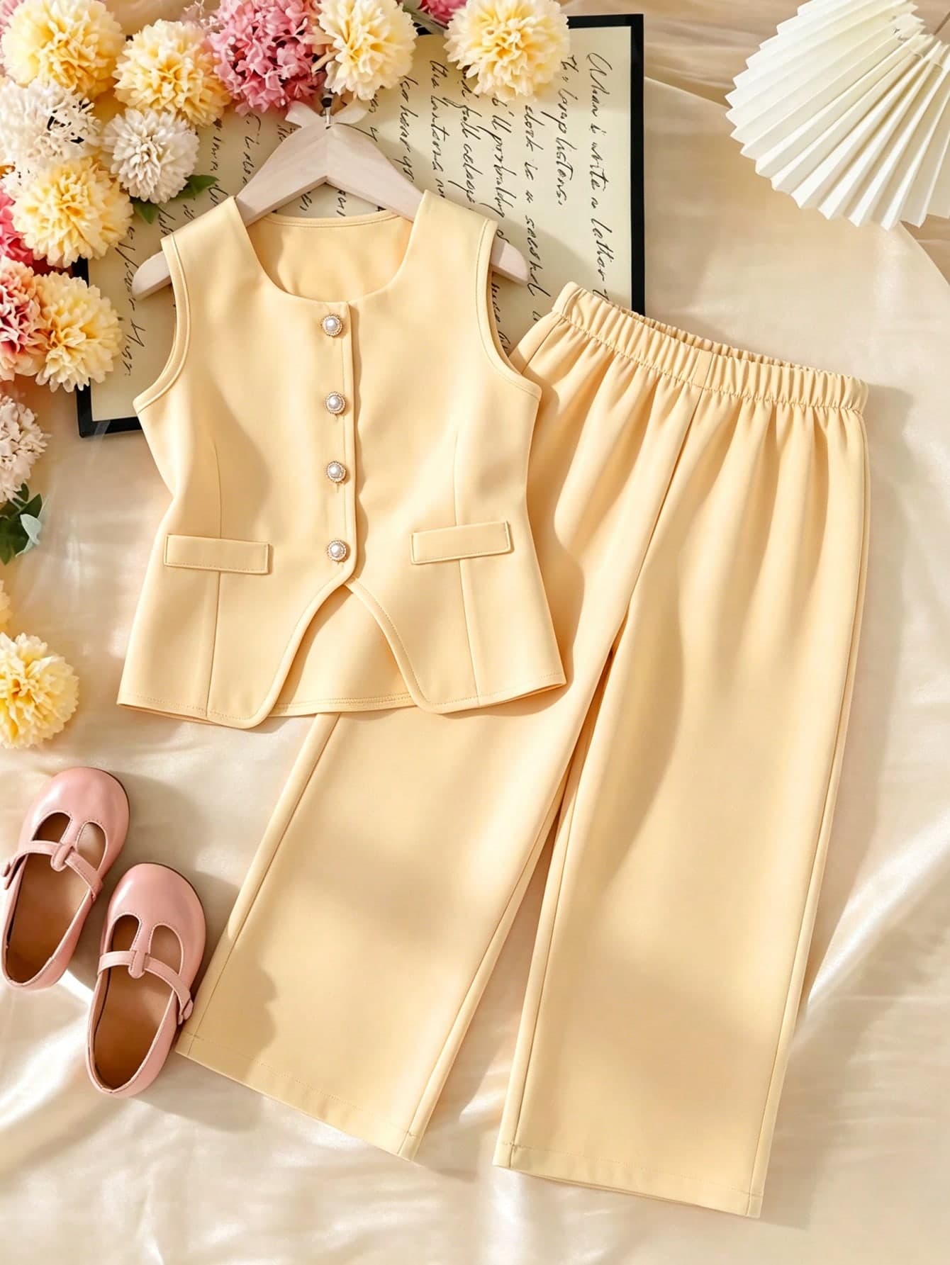 Elladie kids Young Girl Goose Yellow Single-Breasted Pearl Button Vest + Long Pants 2-Piece Set, Casual Daily Outfit Suitable For School Activities, Family Gatherings, Short Trips, Formal Occasions, Children's Wedding Flower Girl, Performances, Holidays, And Daily Luxury Travel