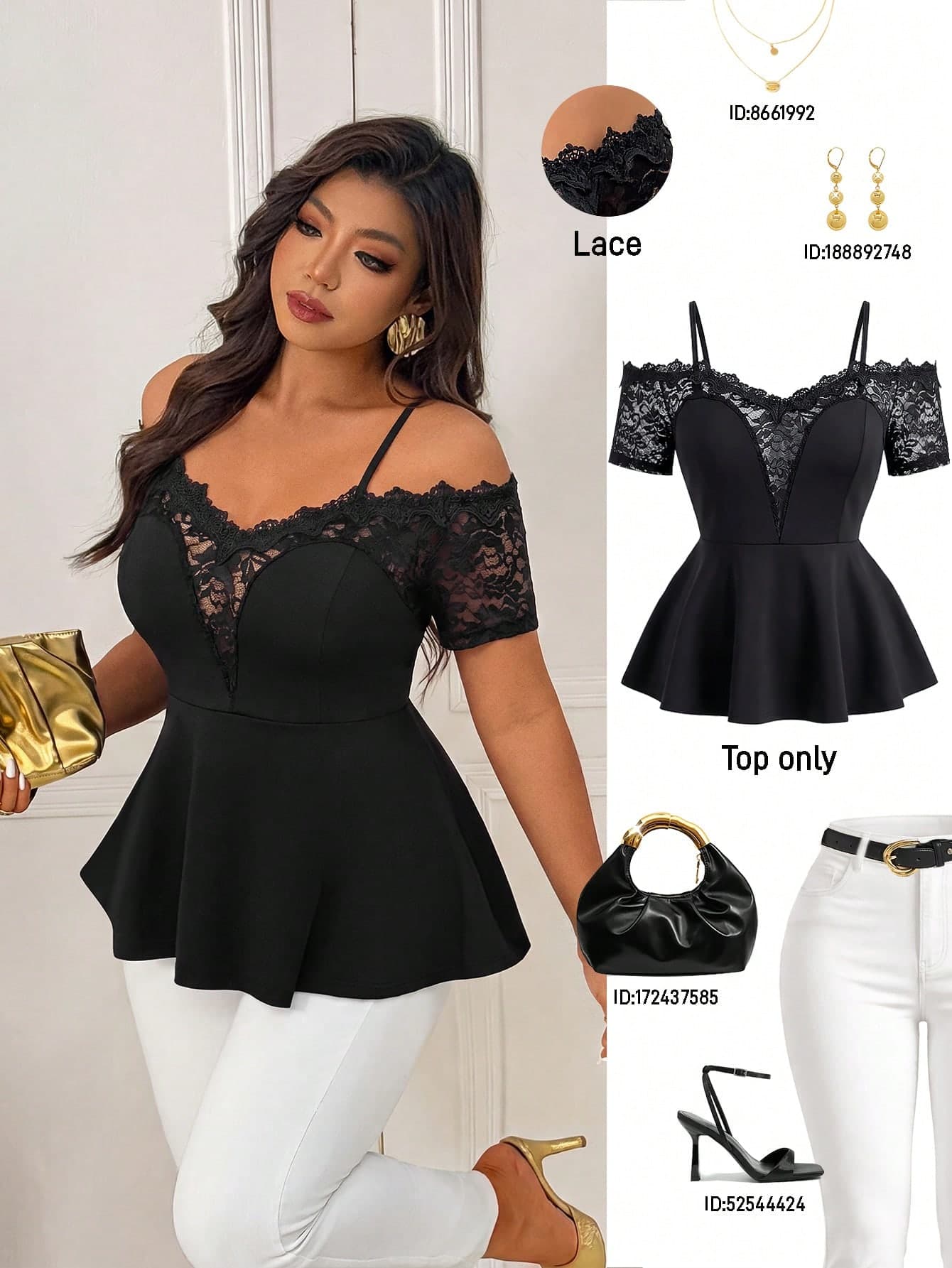 Femmeverse Plus Size Women's Spring/Summer Fashion Elegant Off-Shoulder V-Neck Lace Trim Patchwork Short Sleeve Knit Blouse