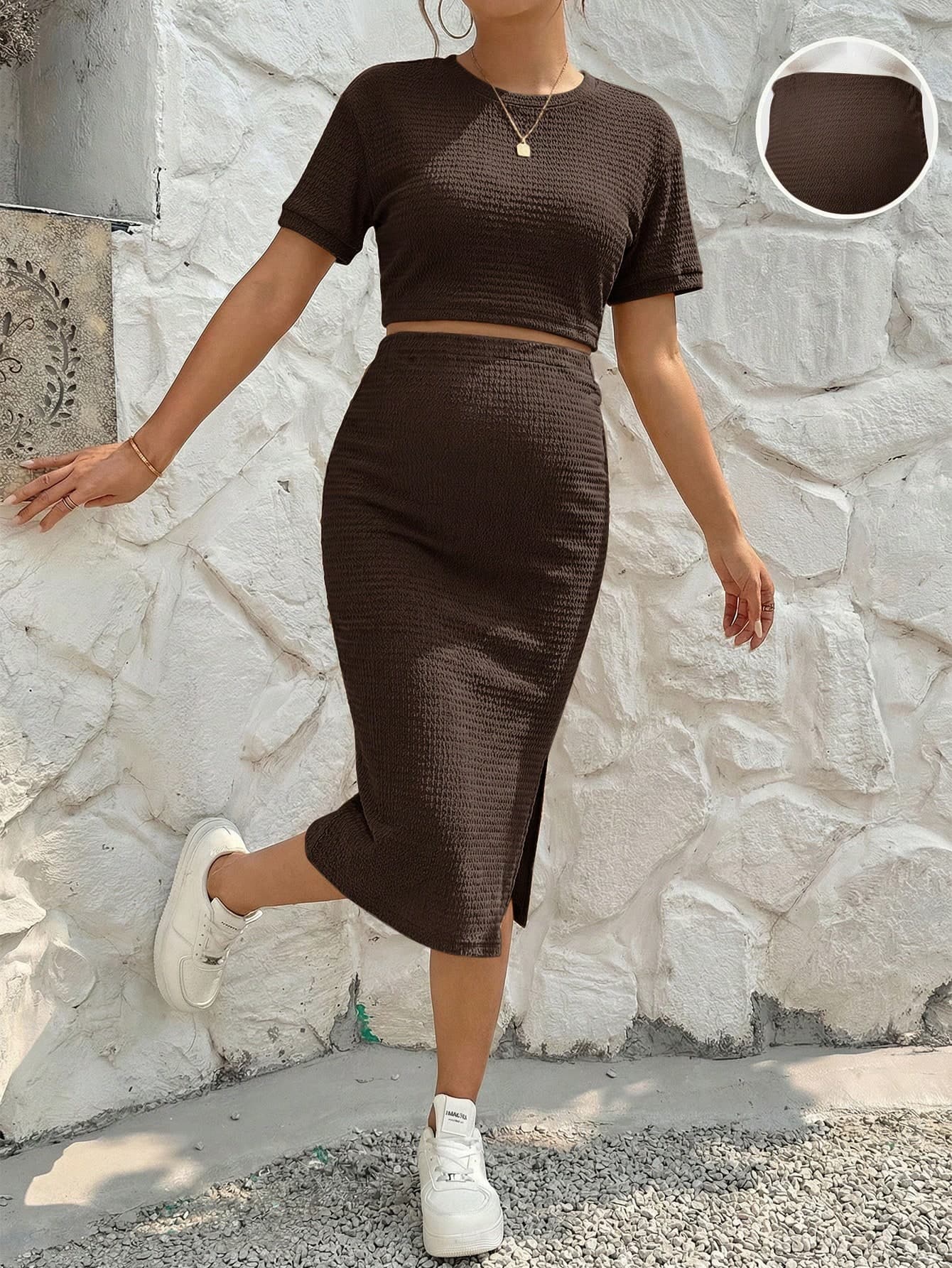 SHEIN Maternity Solid Color Round Neck Short Sleeve Top And Adjustable Waist Skirt Casual Daily 2-Piece Set