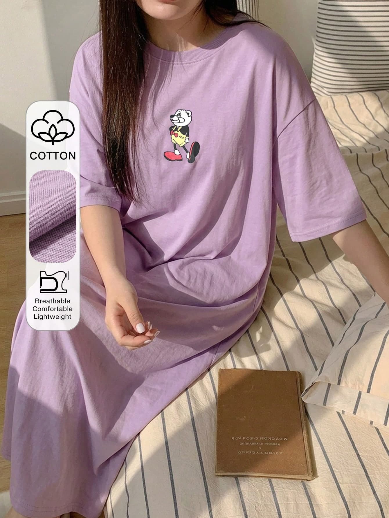 Dazy Plus Cartoon Pattern Loose Long T-Shirt Style Nightgown, Suitable For All Seasons