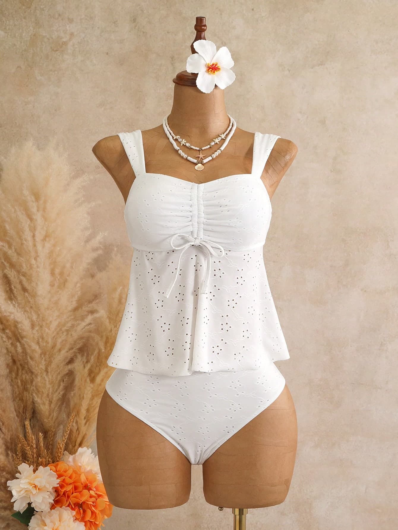 Swim Mod 2026 New Spring Summer Plus Size Women's New Fabric Drawstring Bust Skirt Style Wide Shoulder Strap Top With Regular Triangle Bottom Sexy Casual Beach Party Swimsuit Set