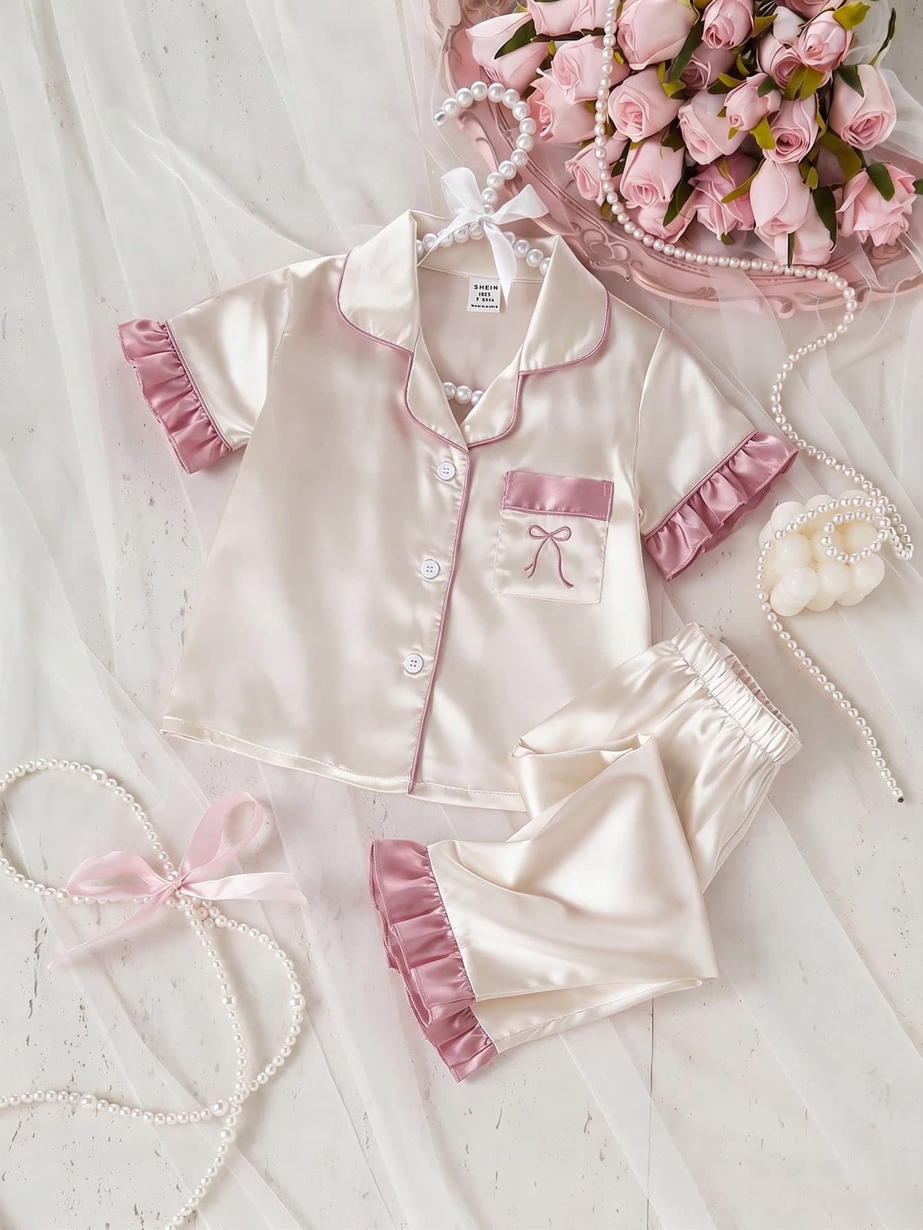 Baby Girl Solid Color Short Sleeve Long Pants Bow Embroidery Ruffle Trim 2-Piece Loungewear Set Spring Summer