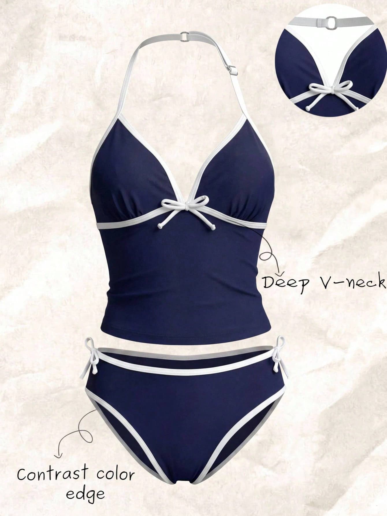 SHEIN Girlism Kids Teen Girls' Cute Contrast Blue And White Spaghetti Strap Bikini Set,Summer Casual Beach Ocean Theme Holiday Pool Party Outfit,Deep V-Neck