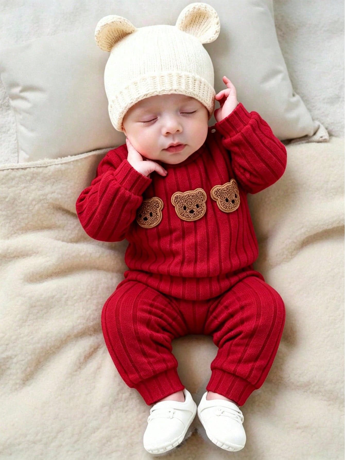SHEIN 2pcs/Set Korean Style Ribbed Brushed Texture Newborn Baby Cartoon Bear Embroidered Sweatshirt & Long Pants Outfit Set, Cute Fashionable Comfortable Playful Fitted Long Sleeve Casual Baby Clothes