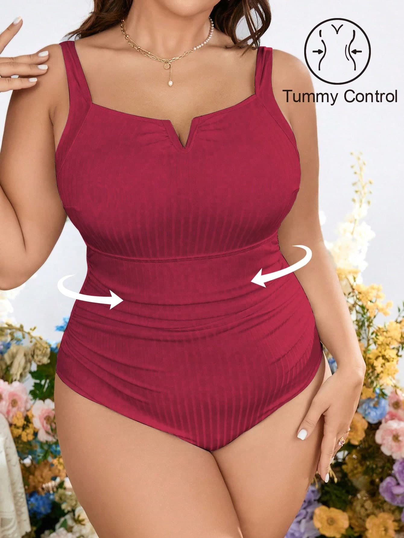 Shapewave Plus Size Women's Solid Color Pleated One-Piece Swimsuit