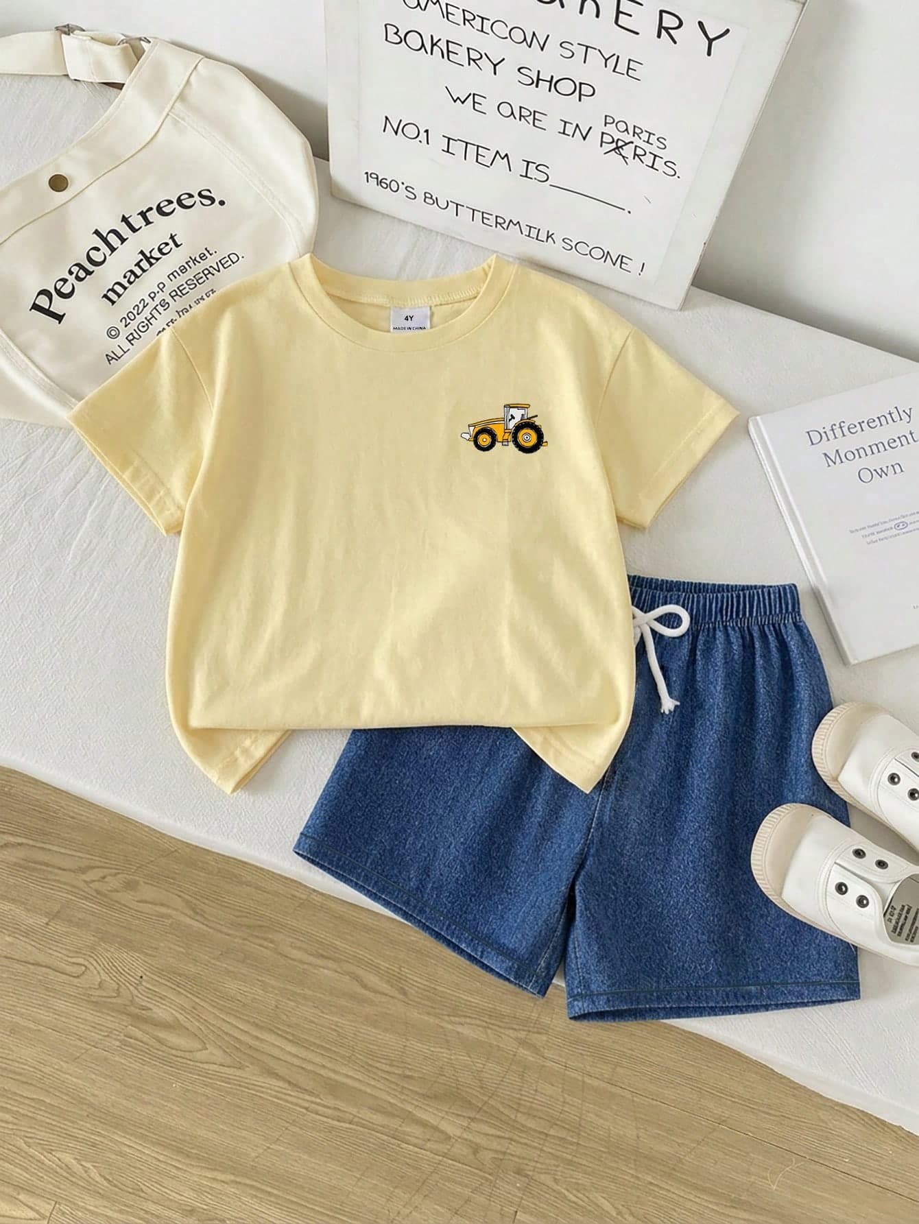 Souflis Souflis Young Boy 2-Piece Short Sleeve T-Shirt And Shorts Set, Yellow Knit Round Neck T-Shirt With Truck Graphic On Chest, Woven Elastic Waistband Shorts With Bow Decor And Print, Young Boy T-Shirt Set, Suitable For 4Y-7Y, Car