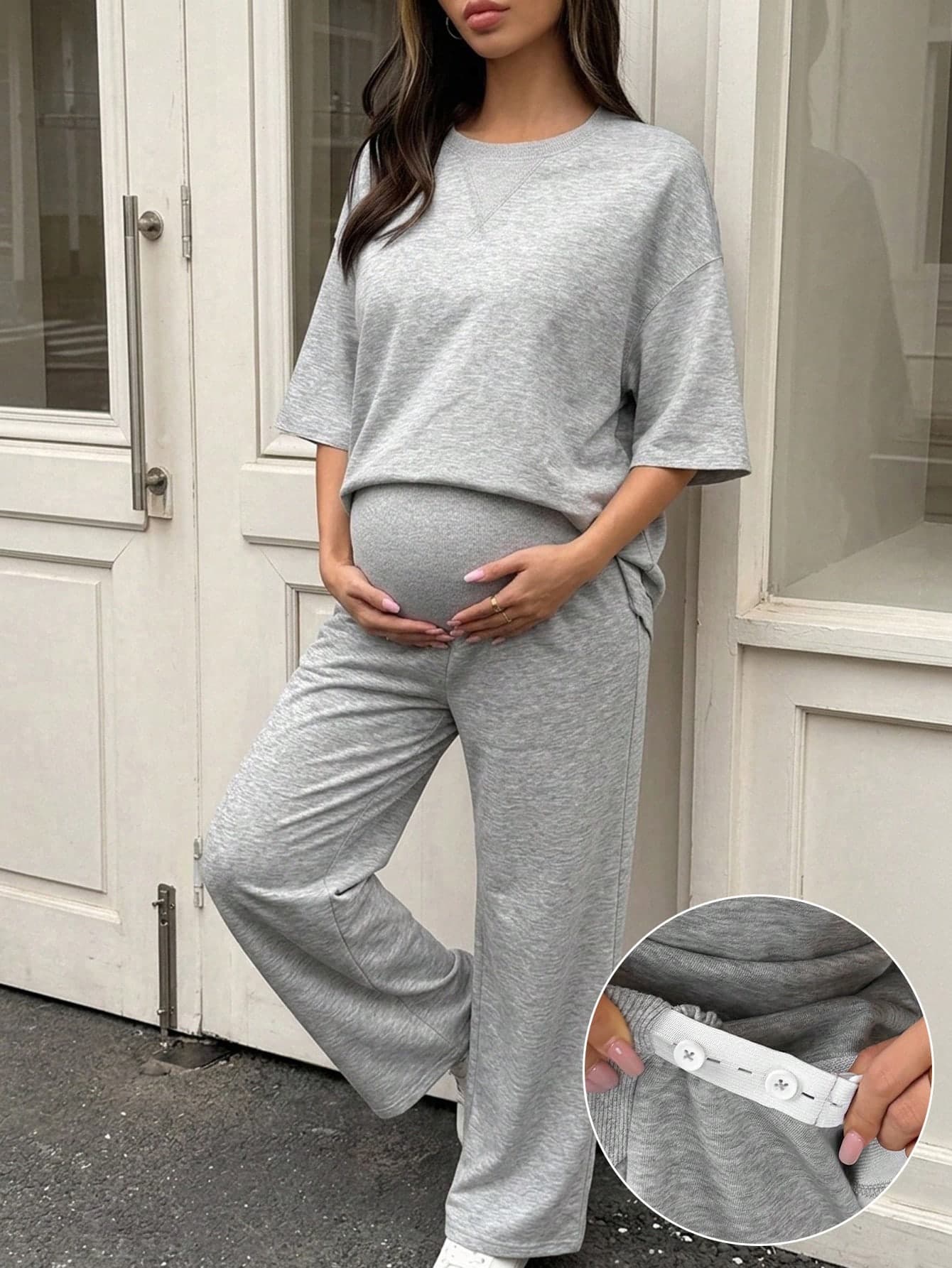 Dazy Maternity Round Neck Loose Short Sleeve Top Elastic Waist Long Pants Casual Sports Set Maternity 2 Pieces Set Summer