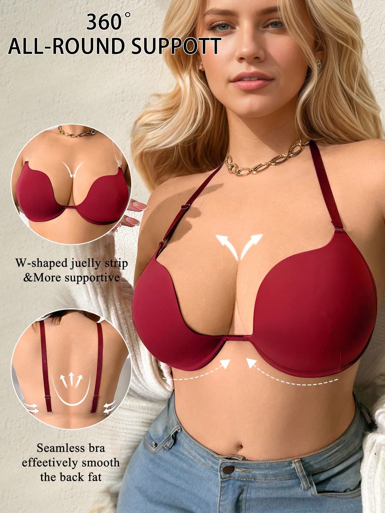 DesireSculpt Plus Size Solid Color Halter Backless Sexy Bra, Suitable For Daily Wear