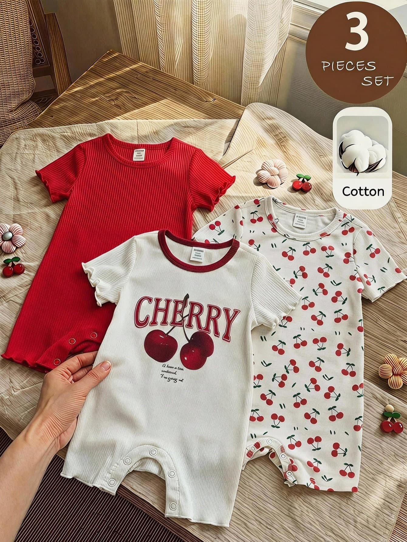 SHEIN LMoss Kids Baby Girl 3pcs Set Knit Solid Color Cherry Pattern Cute Infant Casual Romper Shorts, Fashion Casual