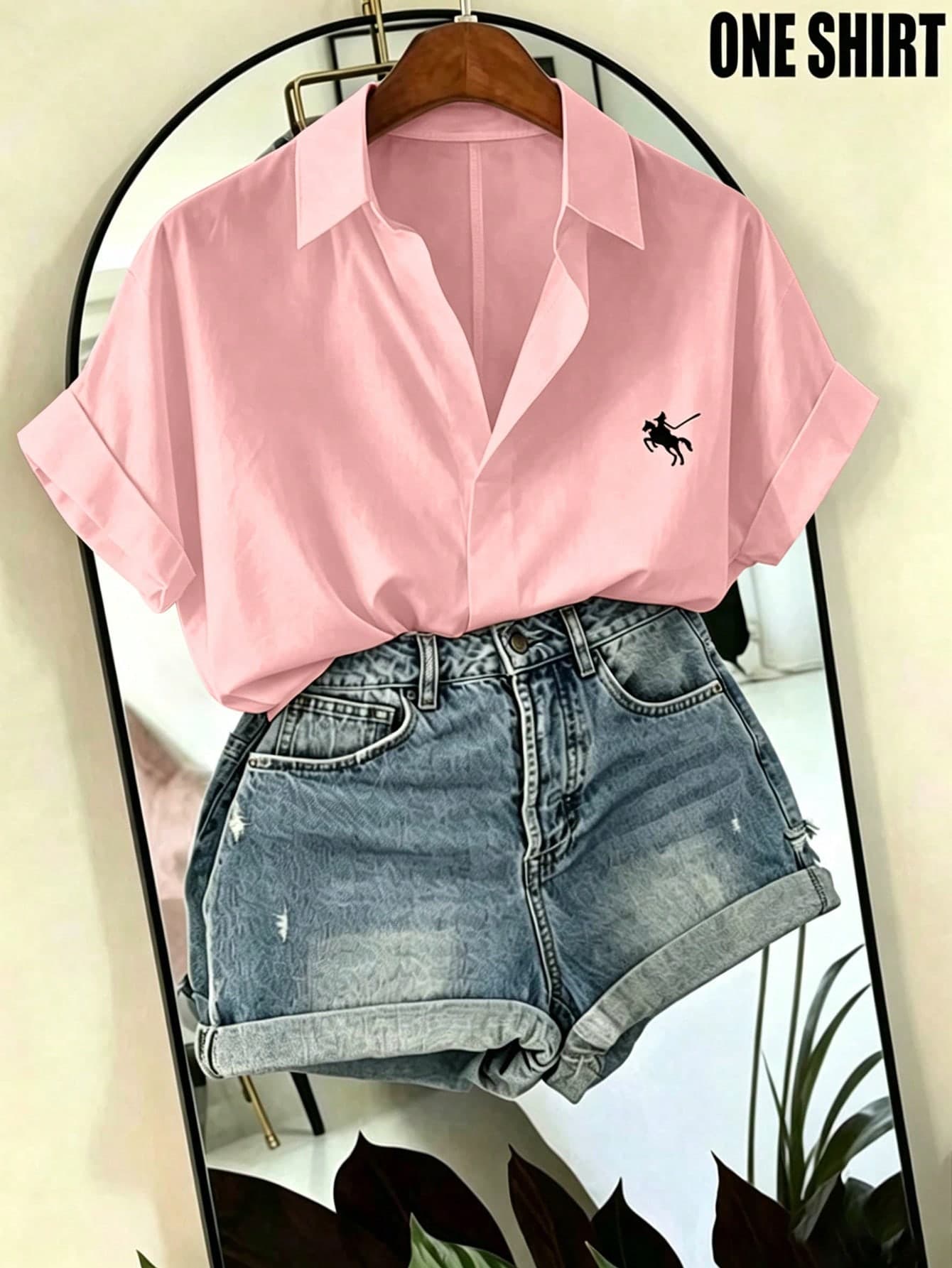 Franclia Women's Embroidered Front Button Casual Short Sleeve Pink Shirt, Summer