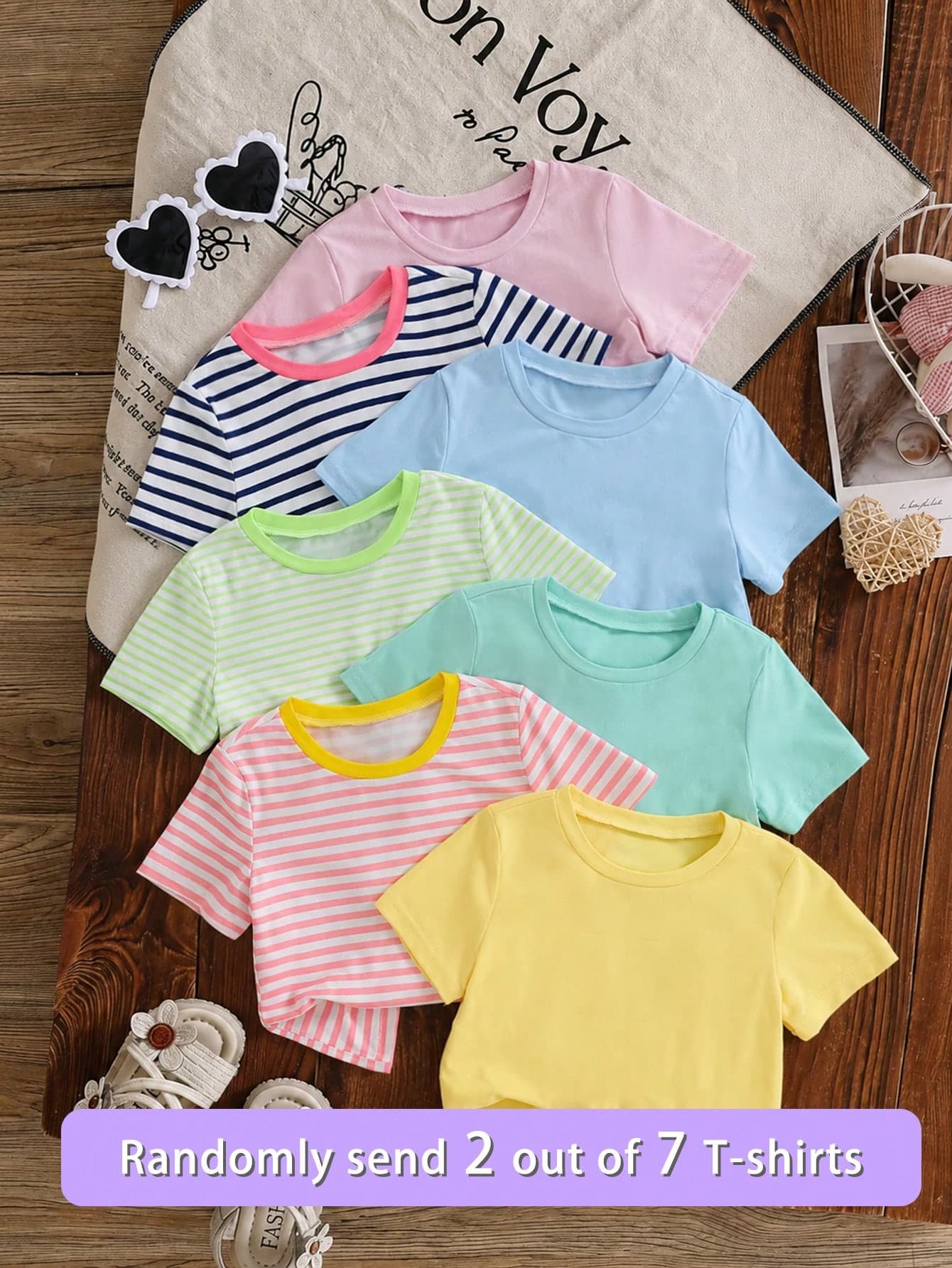 7pcs/Set Girls' Solid Color/Striped Soft Casual T-Shirts, Suitable For Summer, Back To School, Spring, Autumn, Winter, Contrast Color Collar, American Style, Random Delivery Of 2 Pieces