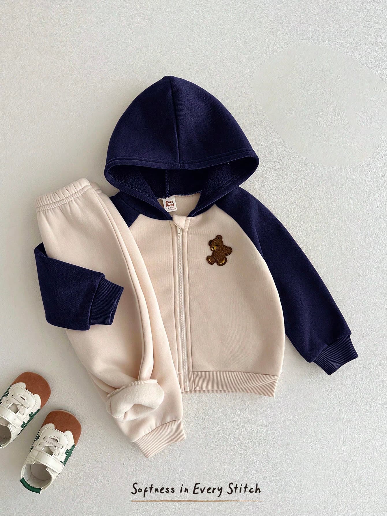 Cozy Pixies Baby Boy Cartoon Bear Pattern Color Block Long Sleeve Winter Autumn Jacket Elastic Waist Long Pants 2pcs Set Thermal Lined Thick Suitable For Winter