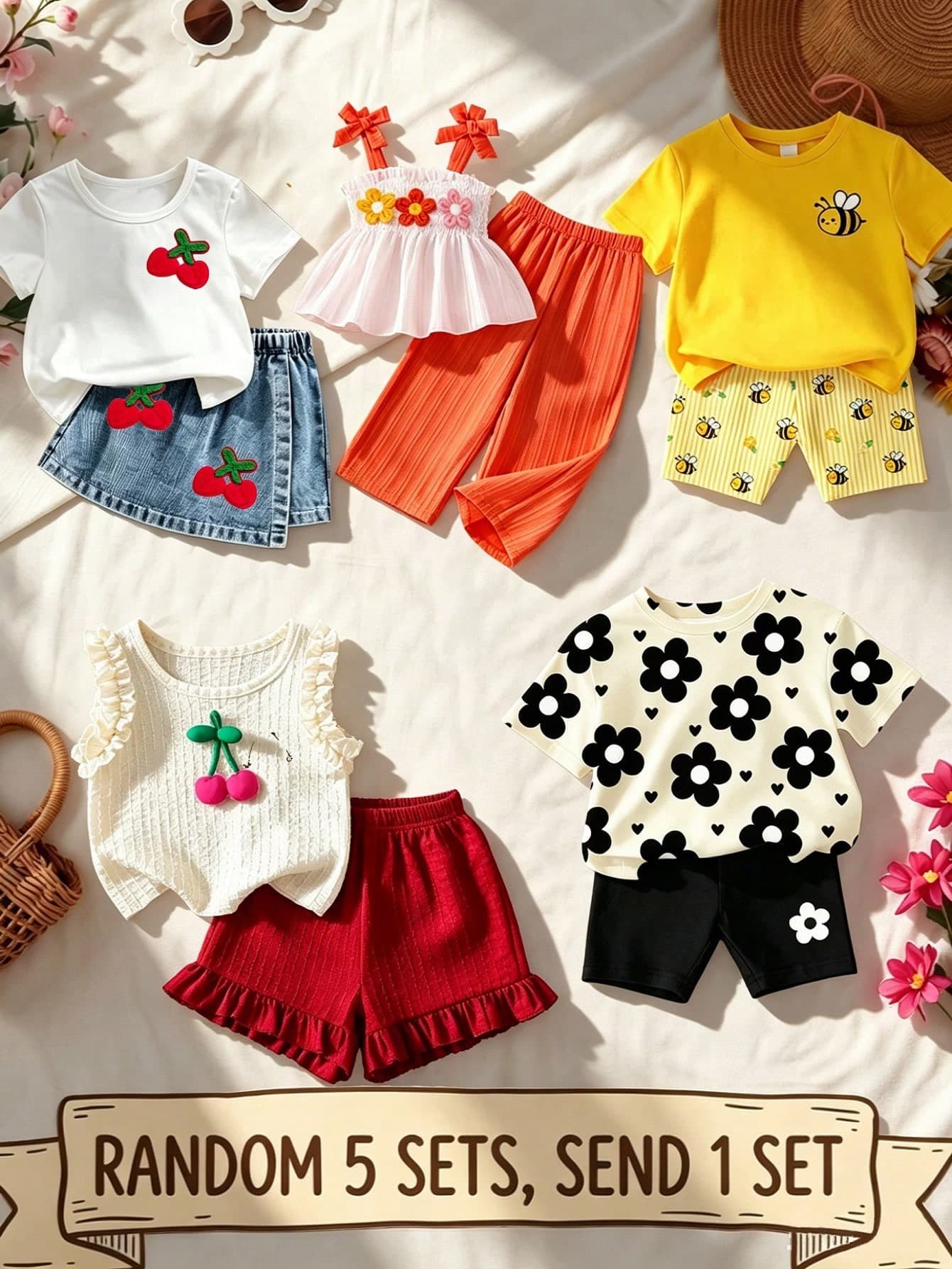 1 Set[Random 5 Sets, Send 1 Set] Young Girls' Floral Round Neck Short Sleeve T-Shirt And Pants Casual Daily Outfit, Suitable For Summer, Summer Fresh Bee, Flower, Fruit Print Theme Young Girls' Set