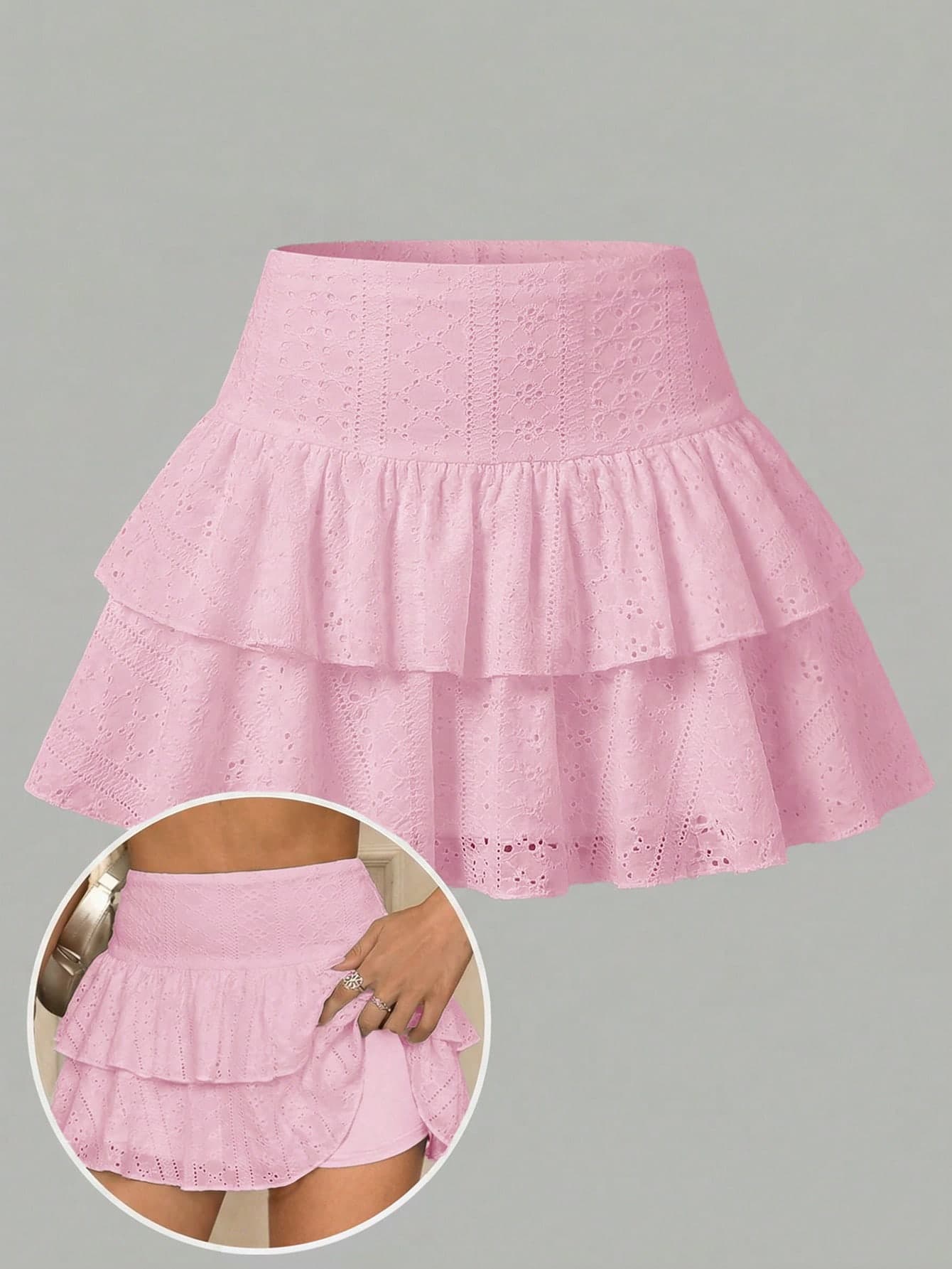 SHEIN Girlism Kids Teen Girl Sweet Y2k Hollow Double Layer Ruffle Hem Skirt Shorts Pink Autumn