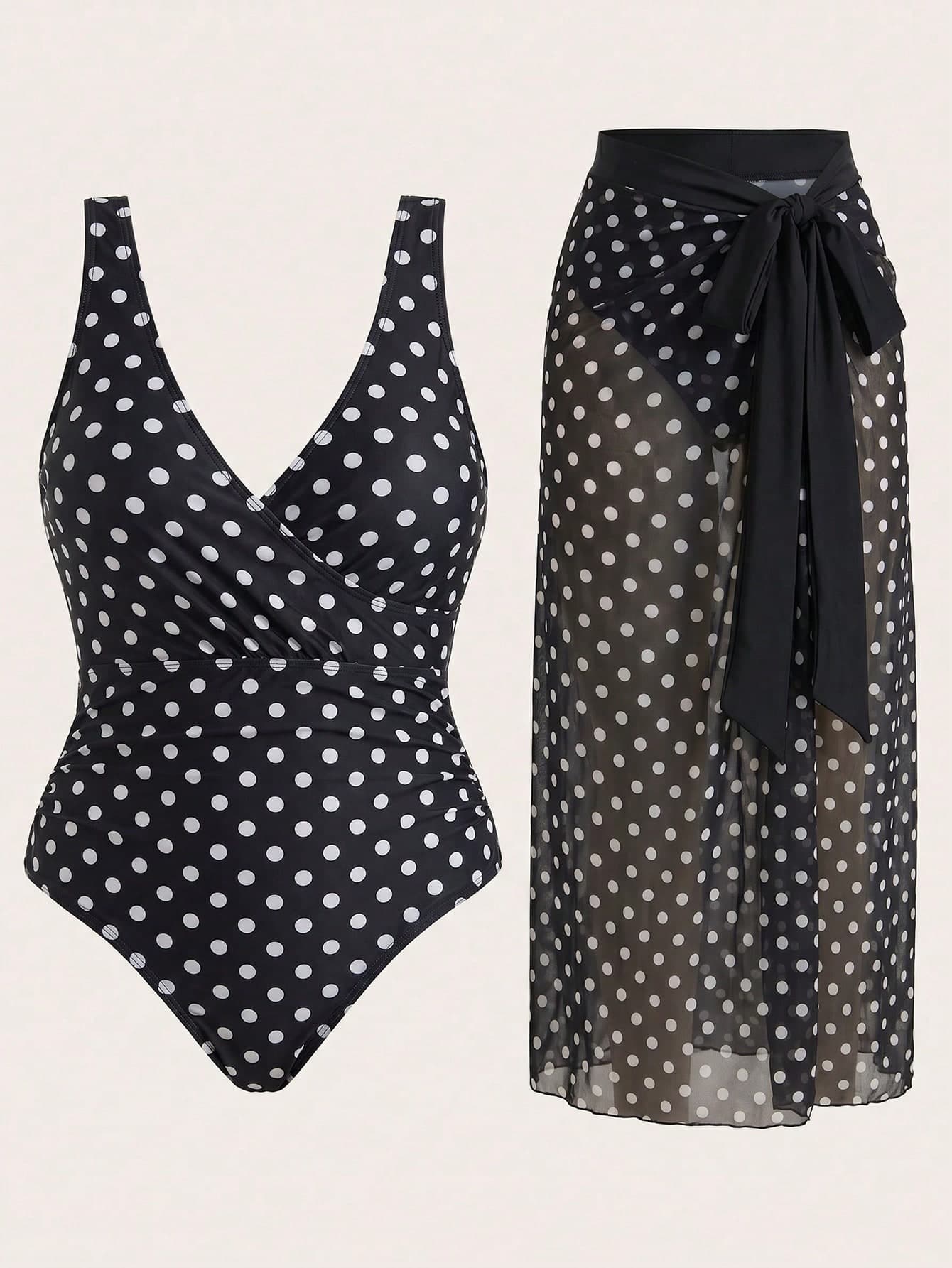 Swim Oasis Plus Size Women's Vacation Polka Dot Print One-Piece Swimsuit With Cover-Up Skirt