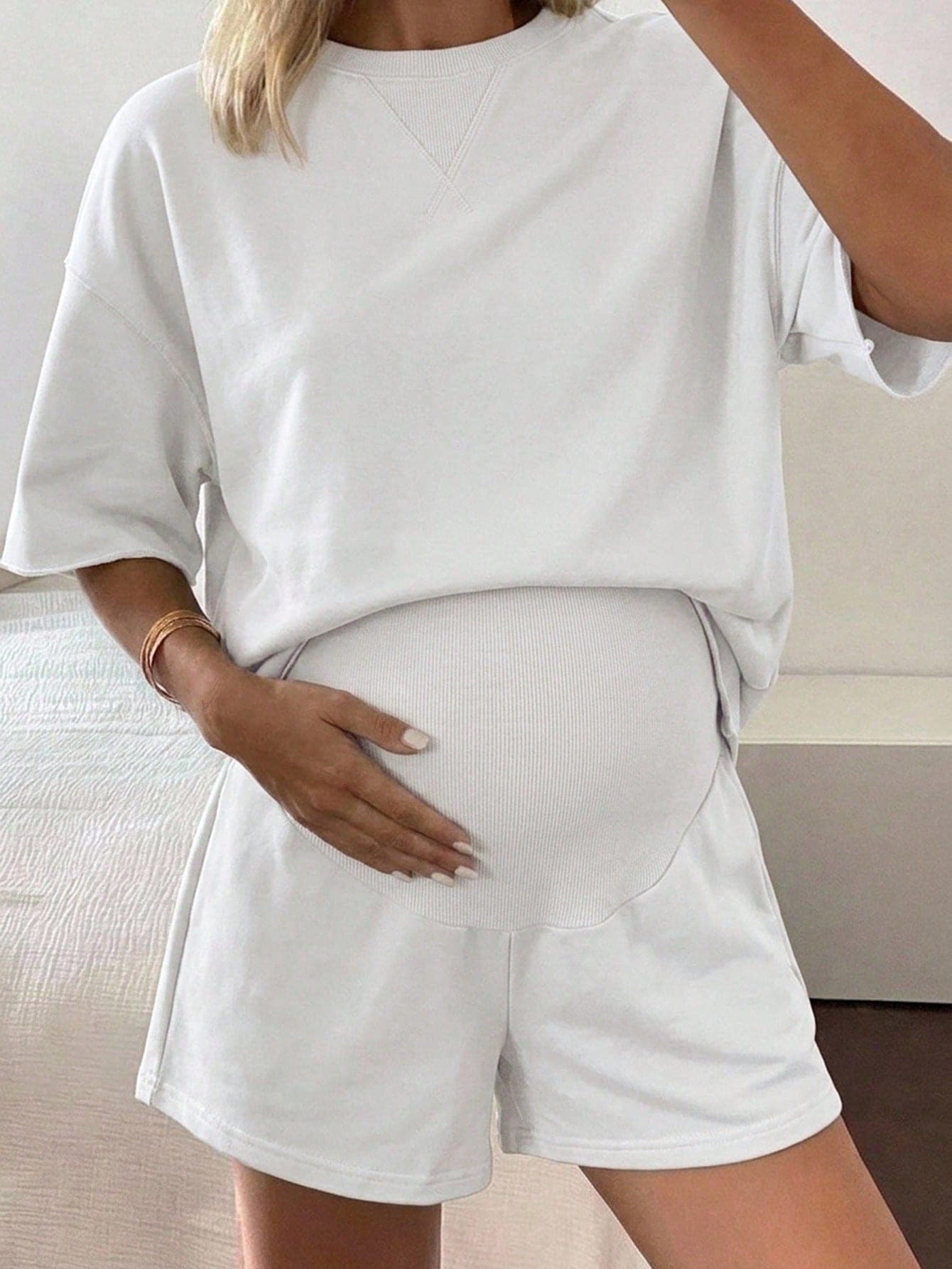 Dazy Maternity Round Neck Loose Short Sleeve Top Elastic Waist Shorts Casual Sports Set Maternity 2pcs Summer