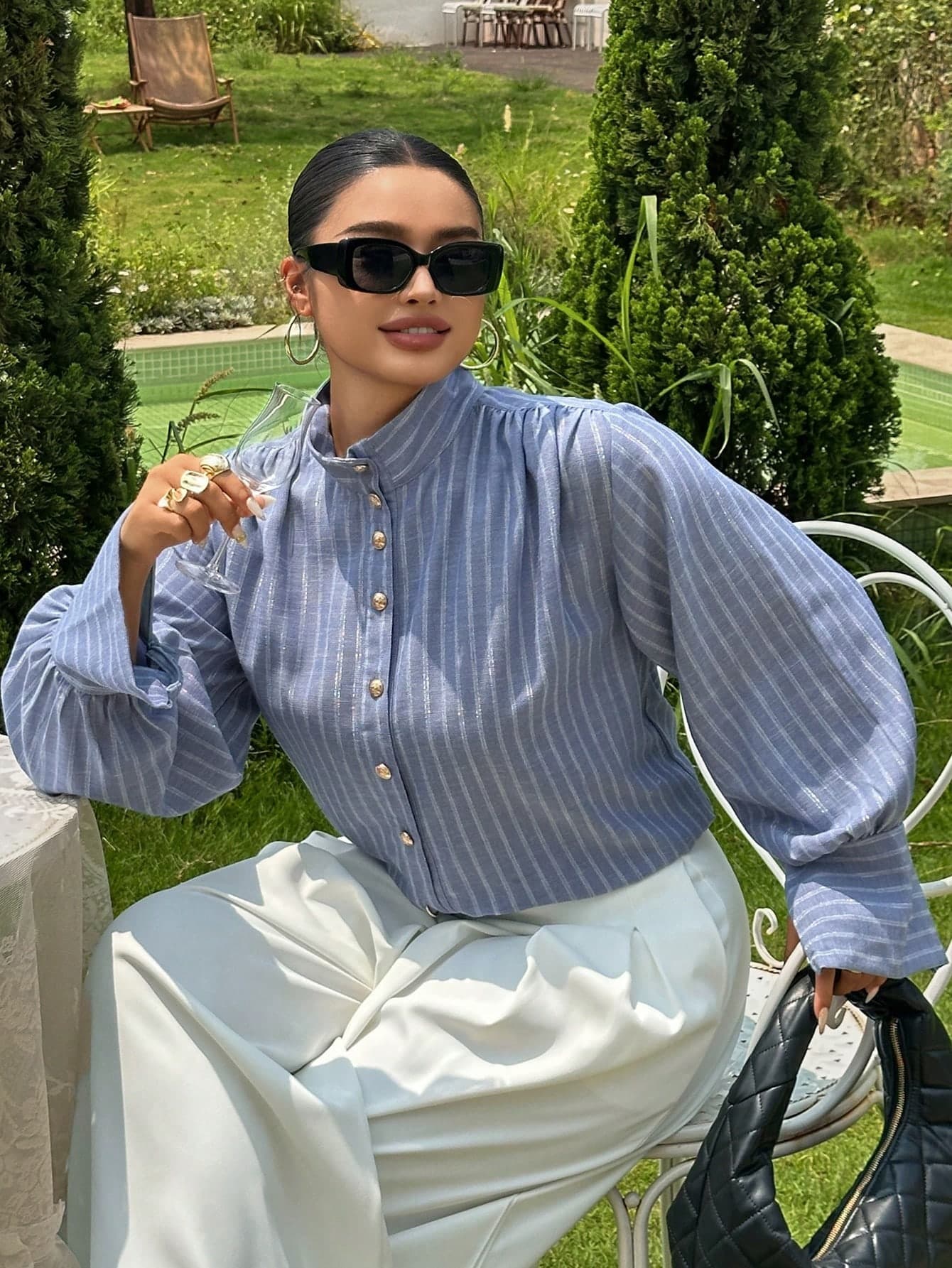 Dazy Plus Autumn Women's Elegant Striped Stand Collar Lantern Sleeve Plus Size Fun Commuter Blue Long Sleeve Shirt