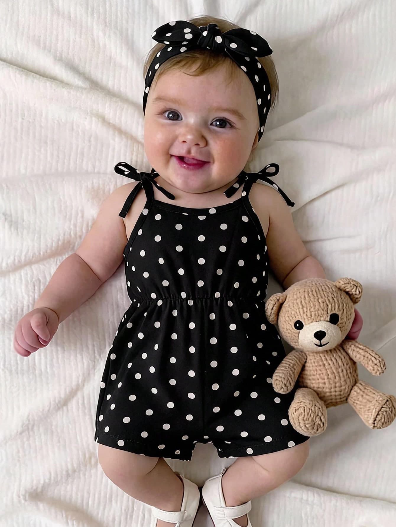 SHEIN Newborn Baby Girl Cute Summer Casual Polka Dot Pattern Suspender Romper