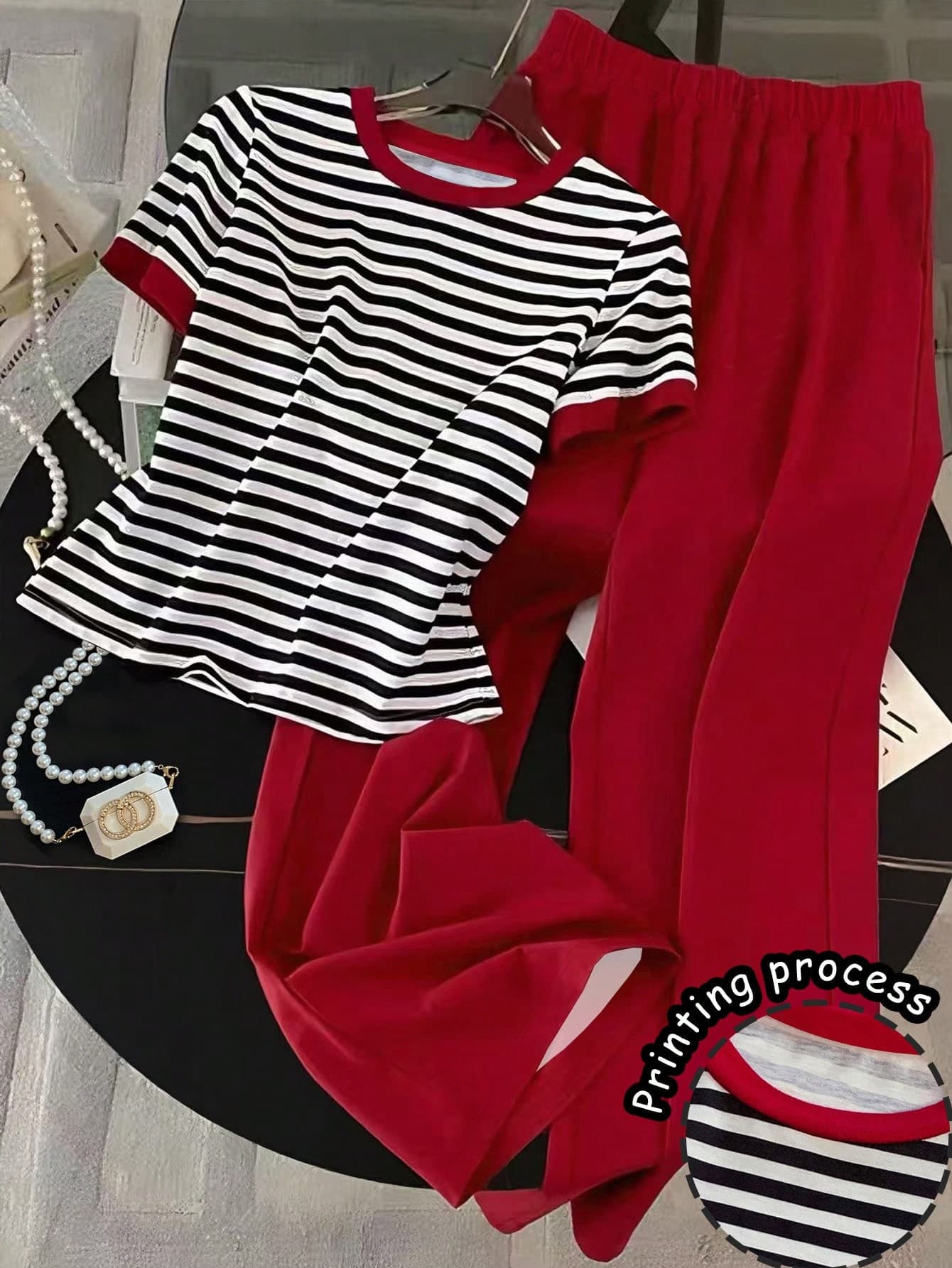 SHEIN Plus Size Summer Casual Striped T-Shirt And Pants 2 Pieces Set
