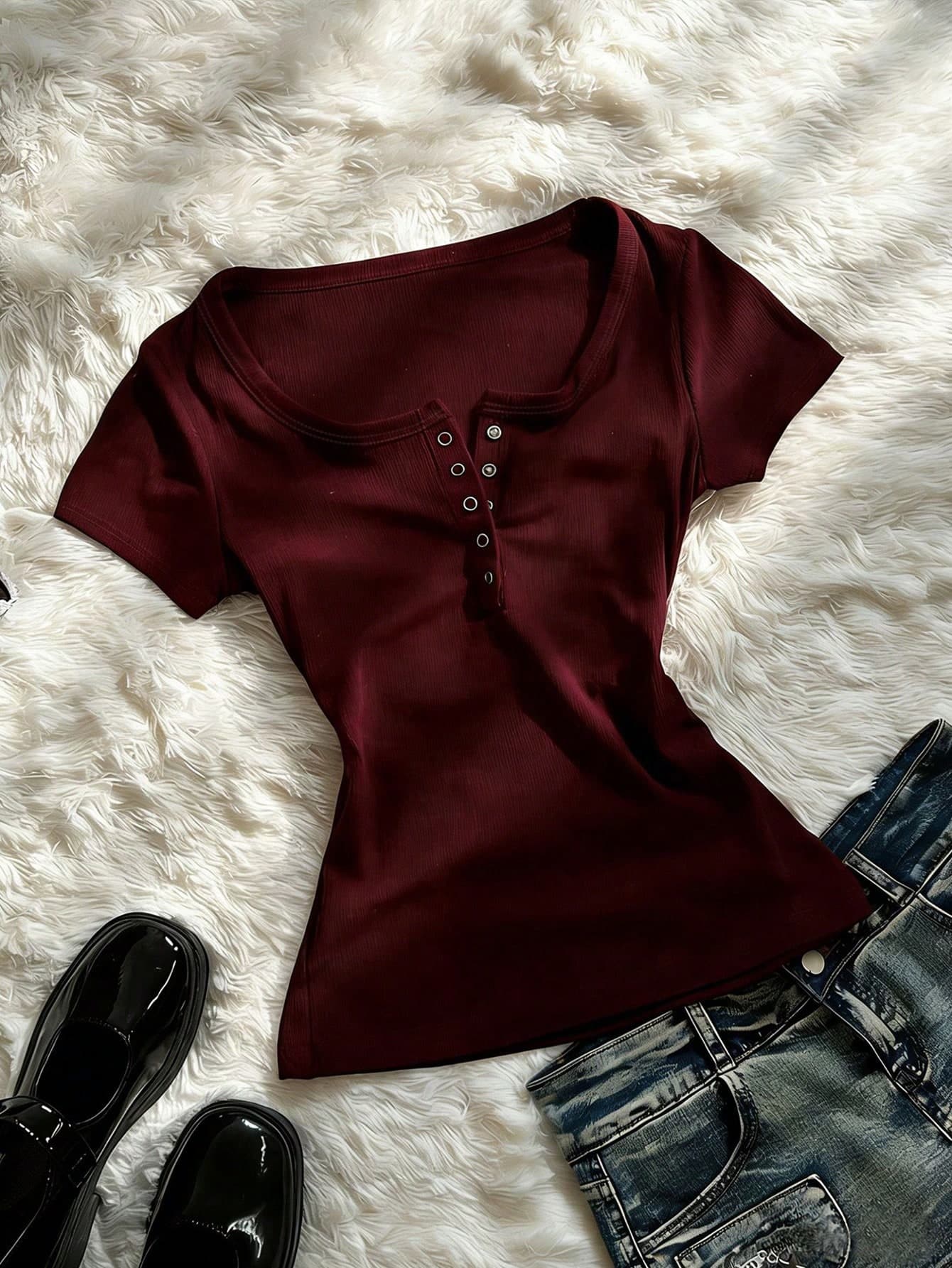SHEIN Women's Casual Burgundy Short Sleeve T-Shirt, Summer