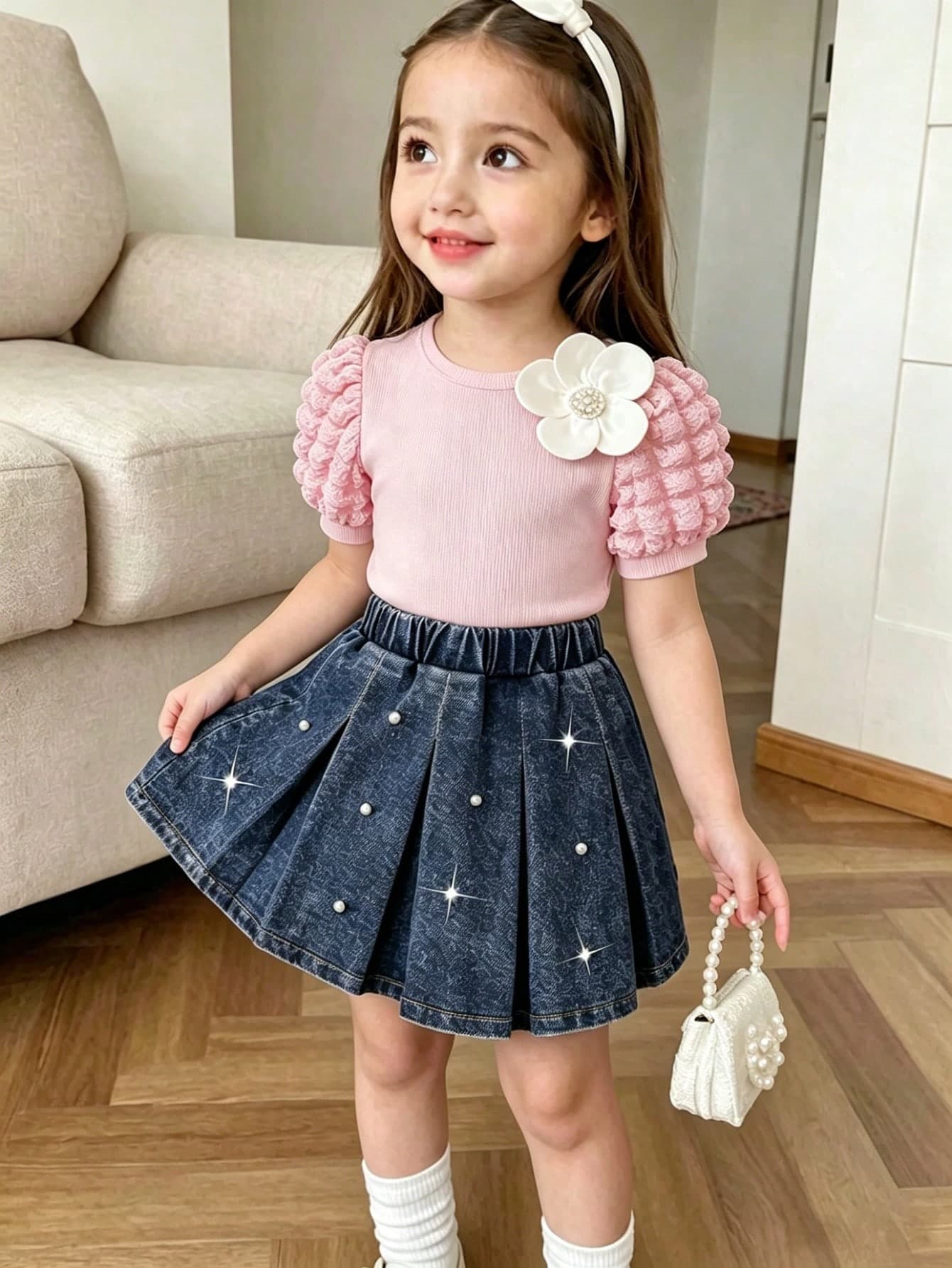 Elladie kids 2pcs/Set Girls Spring/Summer Clothing Set, Light Pink Short Sleeve Top + Denim Mini Skirt; Puff Sleeve + Ruffle Design On Cuffs To Reduce Fabric Heaviness And Create Fluffy, Lively Sleeves, Blue Bow Embroidery On Chest Adds Sweetness, Denim Pleated Skirt With Pink Bow Embroidery Accents To Match Top, Pleated Design For Lively And Playful Hem, Overall Sweet And Cute Style, Suitable For Daily Wear, Family Activities, Etc.