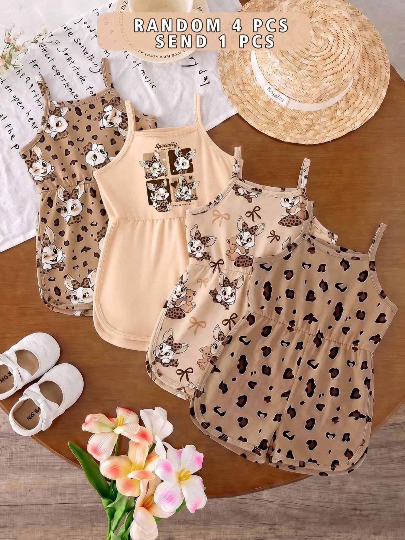 1pc Baby Girl Summer New Soft Fabric Leopard Print Rabbit Pattern Spaghetti Strap Round Neck Casual Romper, Casual Style Cute Style