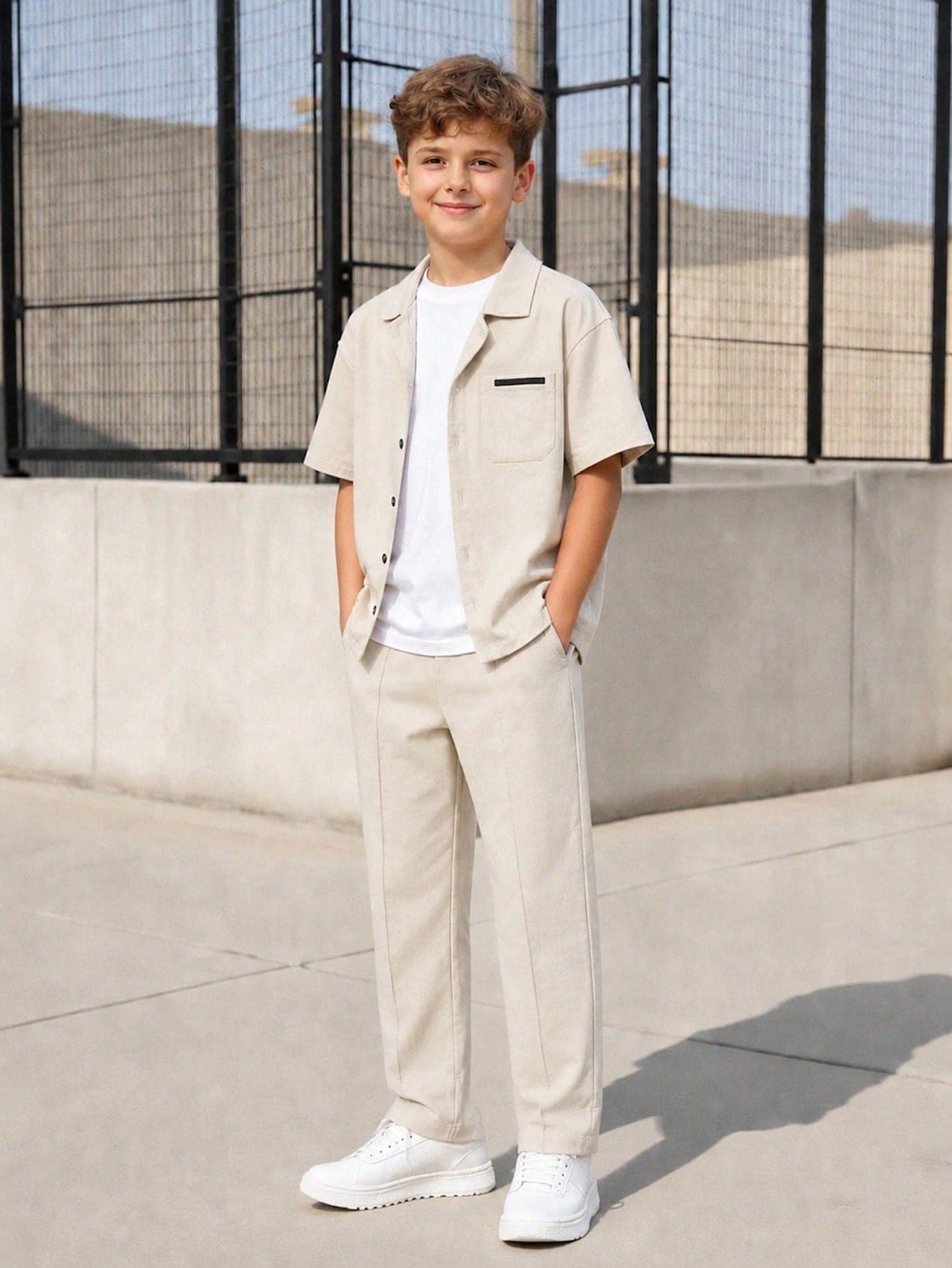 Vacaura Teen Boys Summer Cool Comfortable Short Sleeve Lapel Casual Shirt + Outdoor Casual Straight Leg Long Pants 2pcs Set