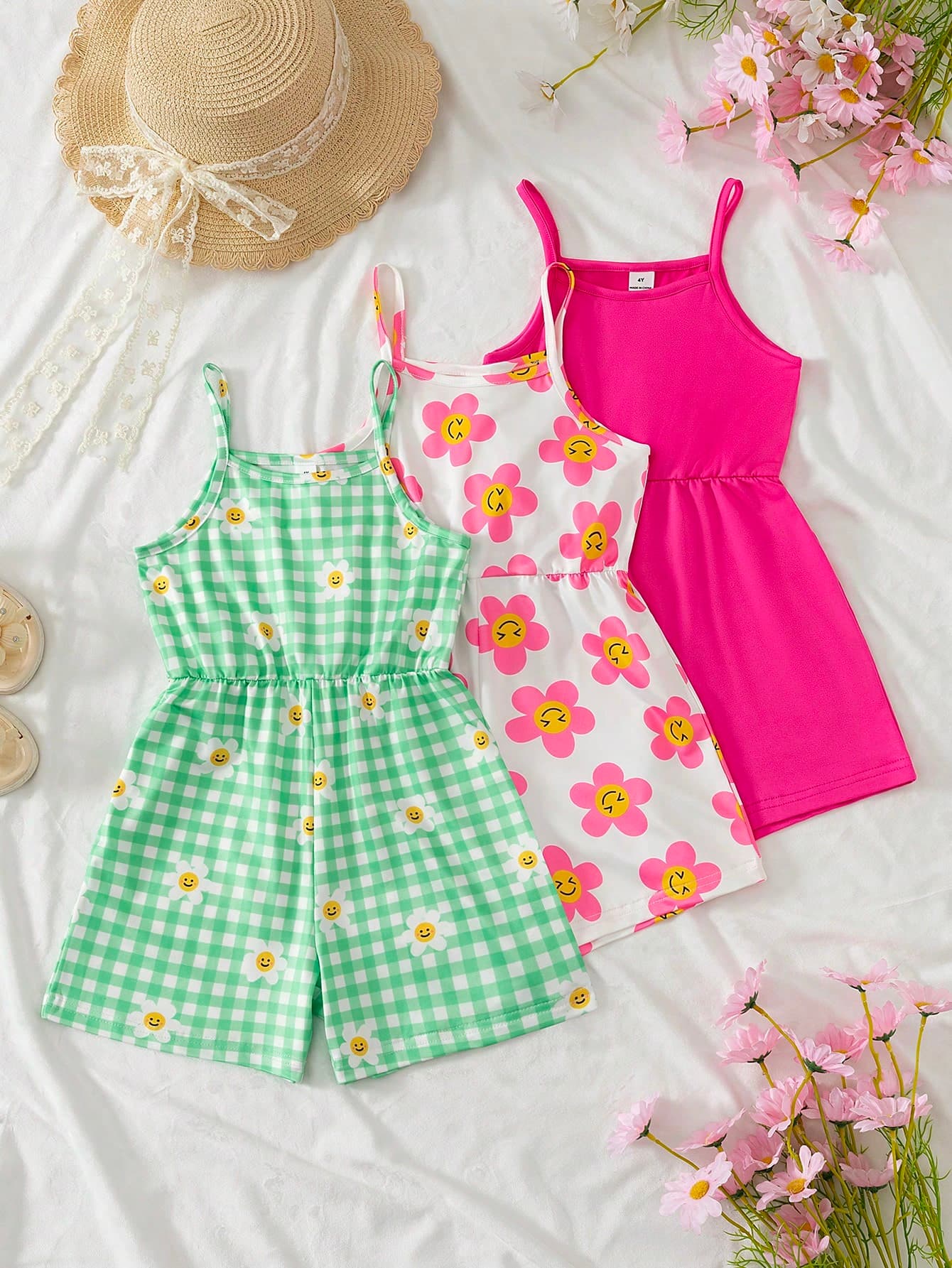 SHEIN Elladie kids Girls 3-Piece Knit Cami Romper Short Set, Solid/Large Floral/Daisy Plaid Print Sweet Vacation Outfit, Casual Summer Clothes For Home