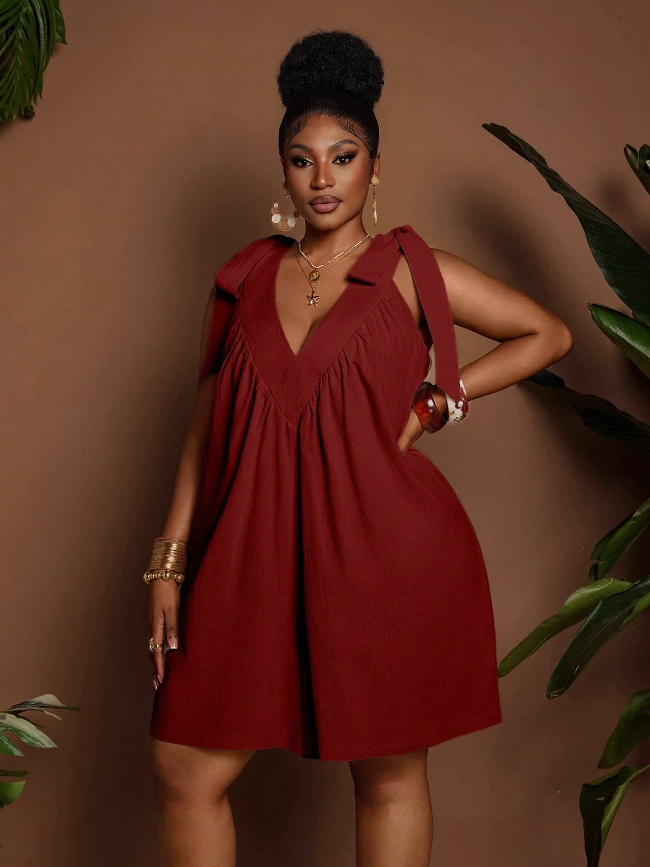 Maweii Plus Size Fashion Women's Summer Elegant Casual Comfortable All Cotton Ruched Deep V-Neck Jumpsuit Vacation Burgundy
