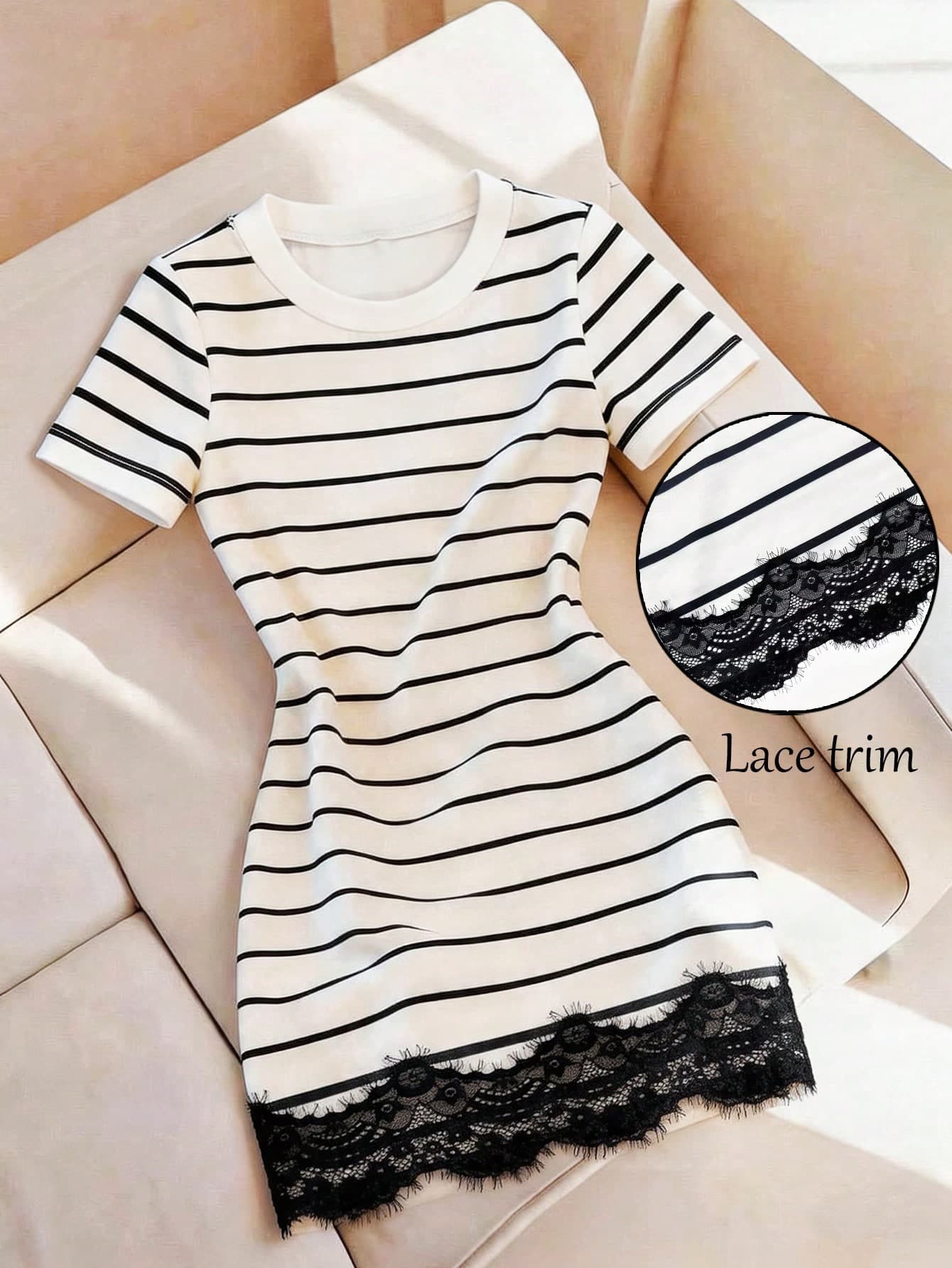 Franclia Women's Round Neck Black And White Lace Patchwork Casual Elegant Daily Date Outing Dress Summer