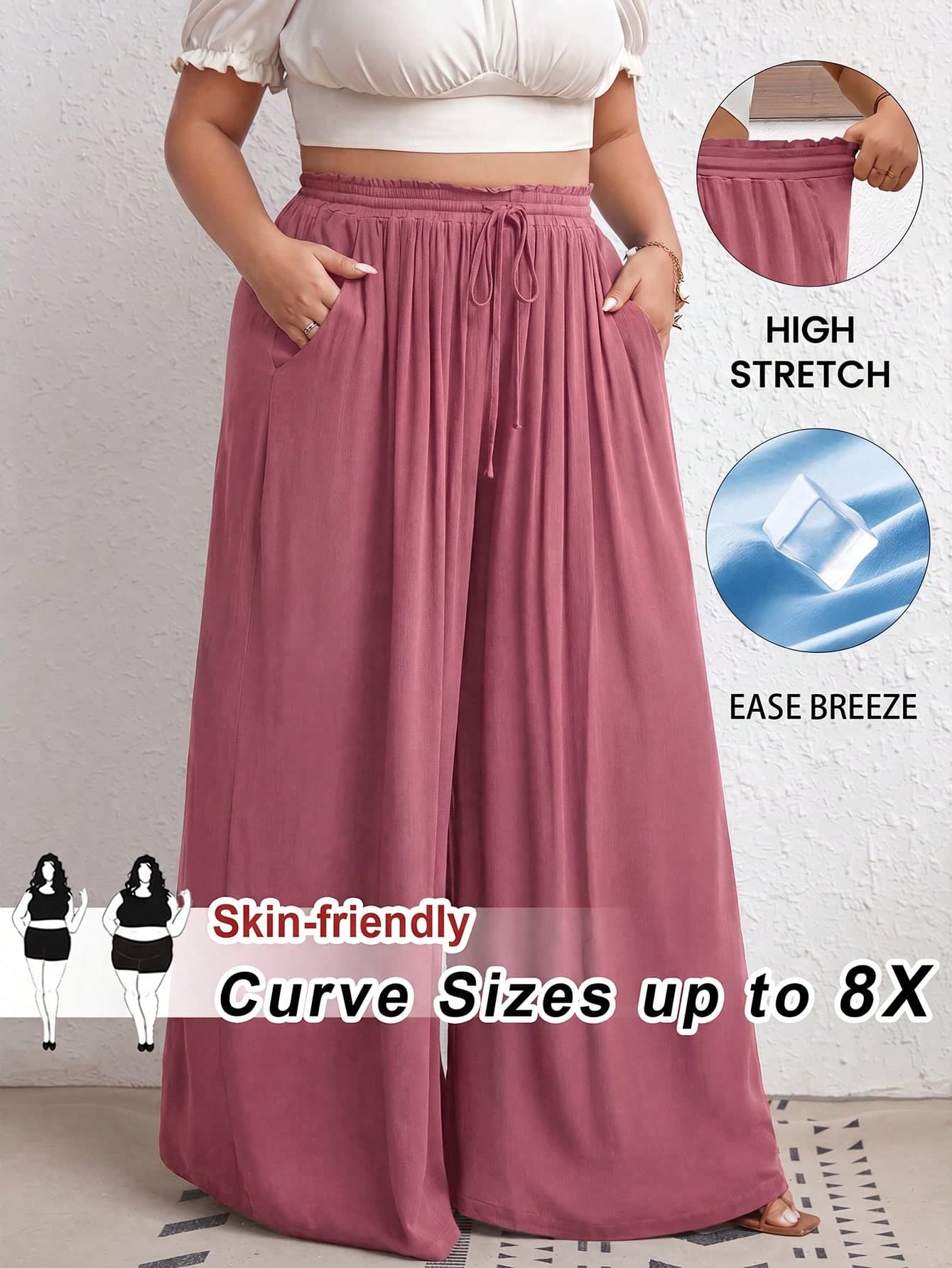 SHEIN CURVE+ Plus Size High Waisted Wide Leg Pants With Waistband, Side Pockets, Ribbed Fabric, Black Color, Suitable For Vacation, Elegant Casual Occasions, Basic Match, Summer, Beach Holiday, Boho Festival Boho Vacation