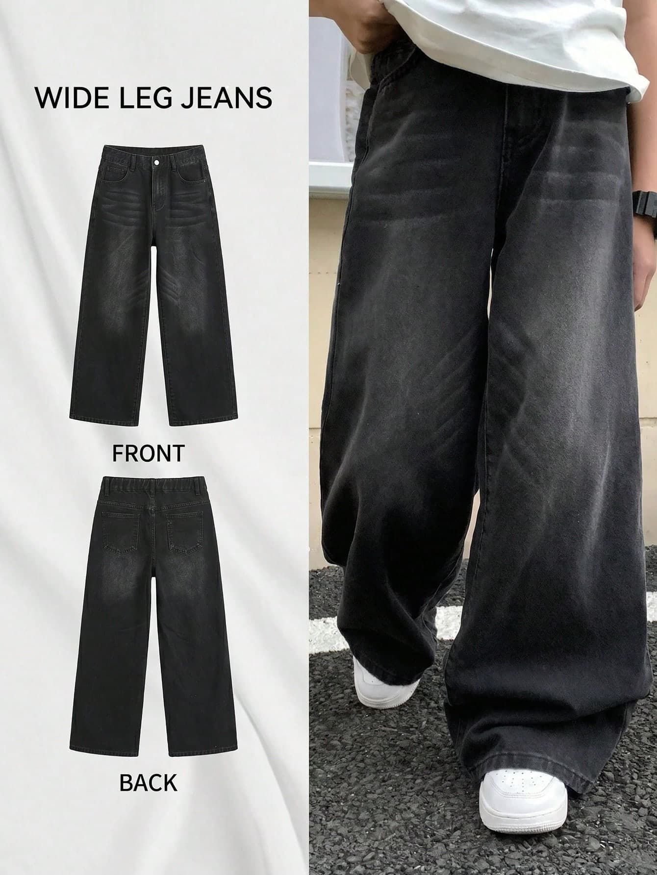 SHEIN Teen Boy Fashion Casual Y2k Vintage Cool Street Returns To School College Black Loose Comfortable And Simple Basic Jeans For Teen Boy Clothes Boys Soft Dailywear And Teen Boy Fall And Autumn Or Winter Clothes Back To School Homecoming Rave Outfits Festival And Beach Outfits Streetwear School Clothes Black Baggy Jeans