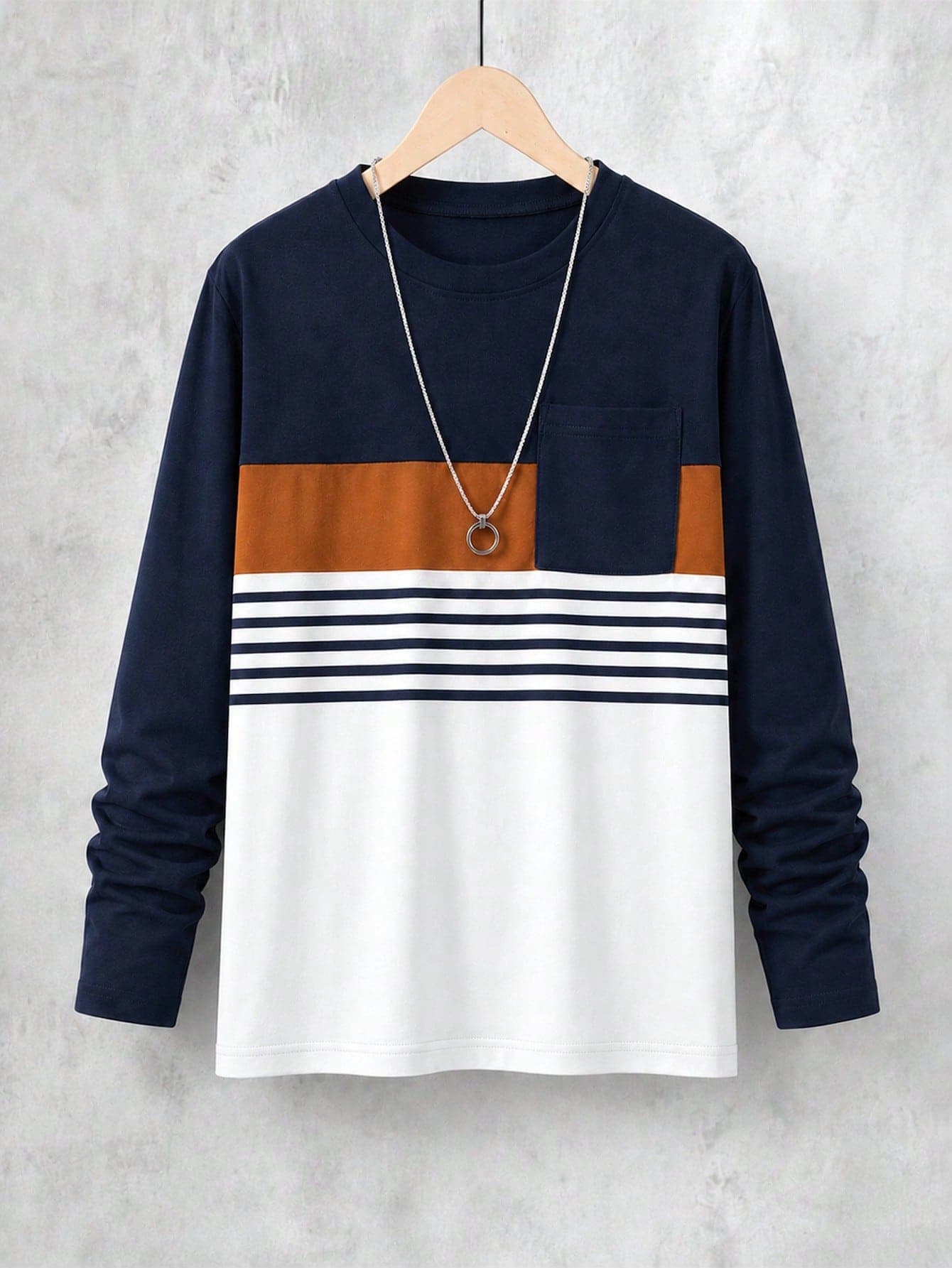 Boys Casual Contrast Color Crew Neck Long Sleeve Pocket T-Shirt