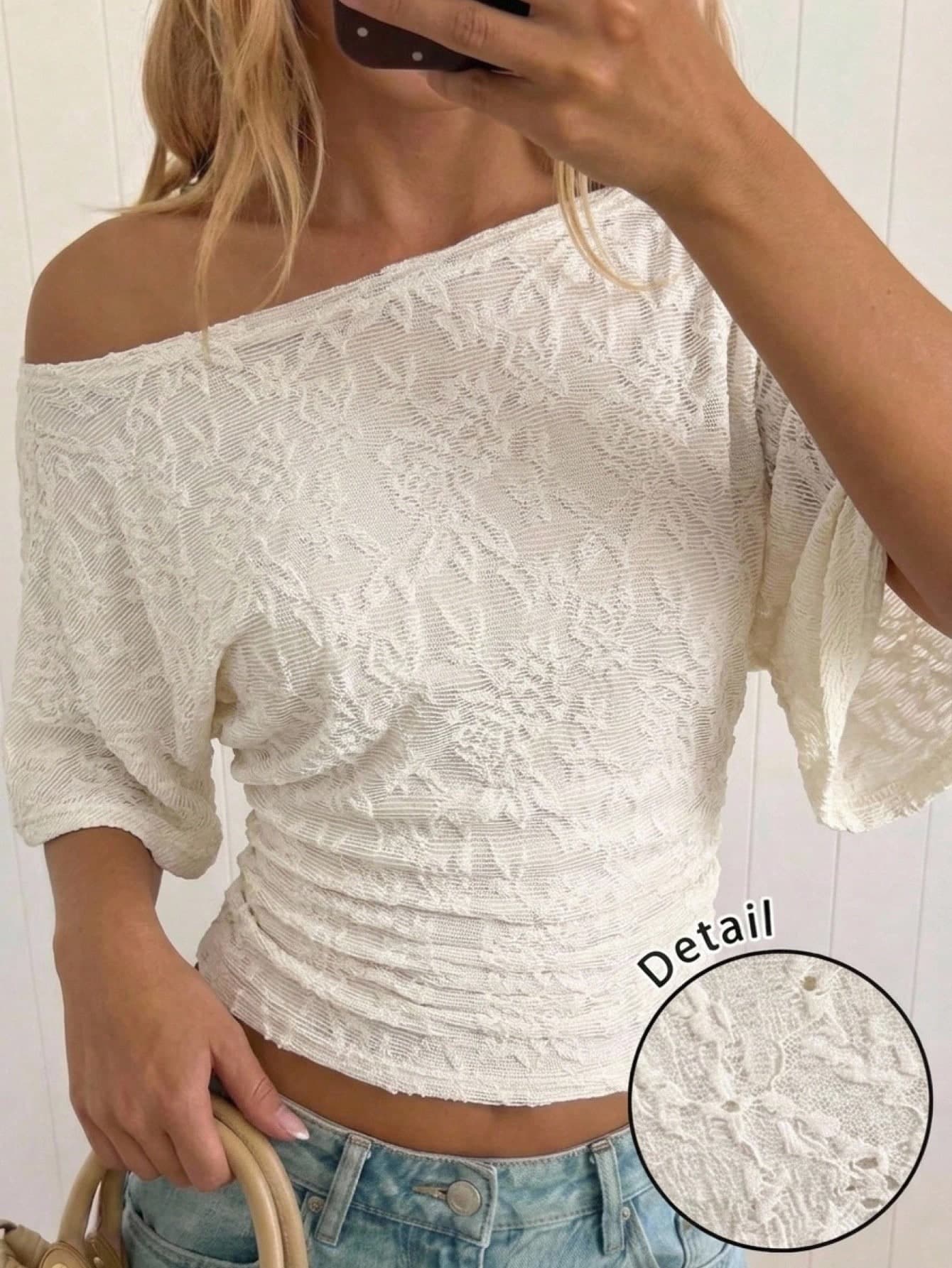 SHEIN Teen Girl Casual Everyday Versatile Comfortable Asymmetrical Shoulder Jacquard Fabric T-Shirt Teen Girl