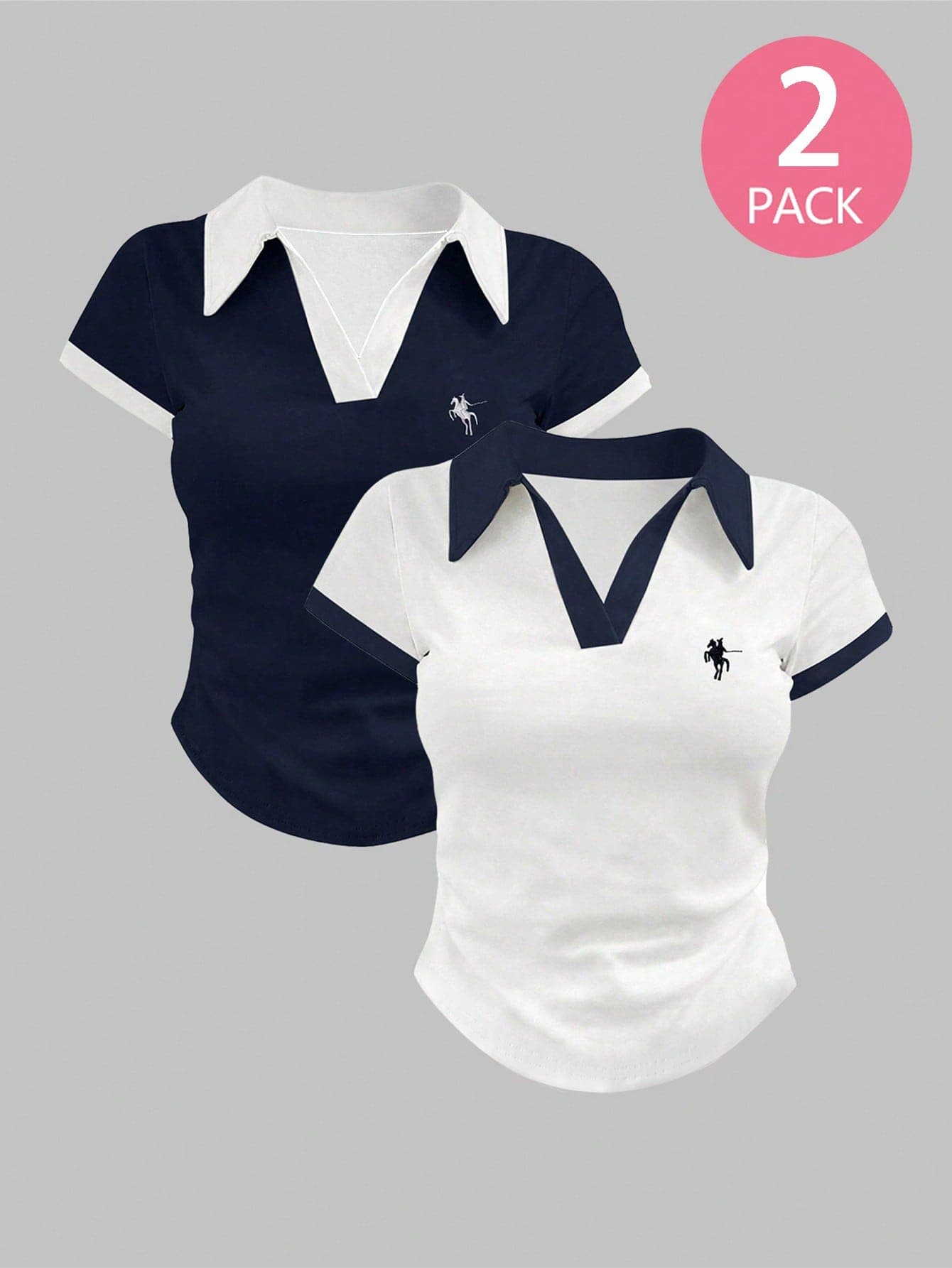 2pcs/Set Teen Girl Polo Shirts,Navy Blue & White,Slim Fit Retro Campus Style,Back-To-School Summer Sport Graduation,Comfortable Preppy Tops For Girls