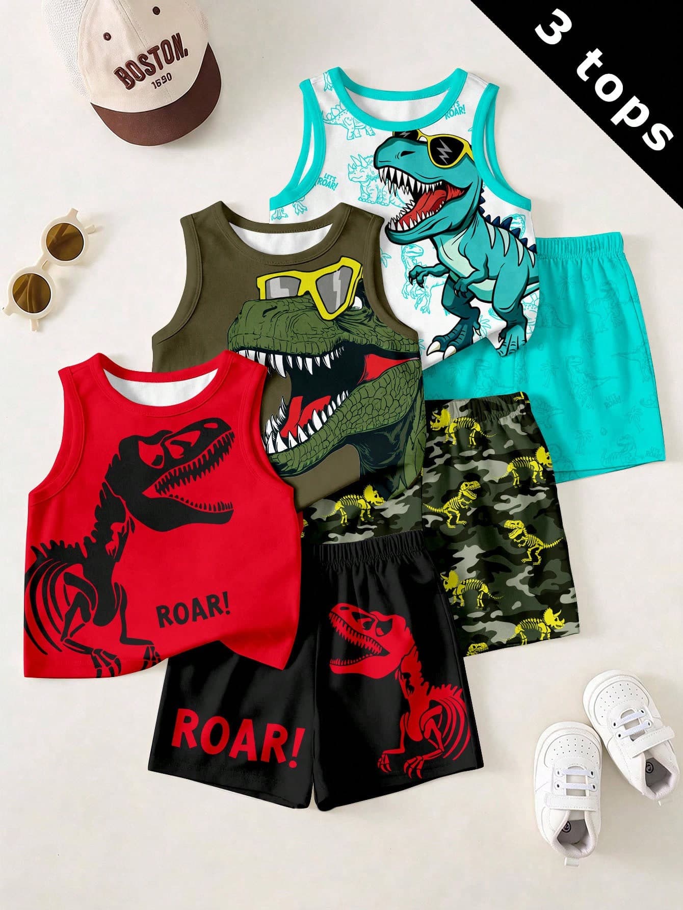 Young Boys Casual Simple Comfortable Tank Top 3pcs Set Suitable For Spring And Summer, Classic Handsome Jurassic Dinosaur Pattern Print, Dinosaur Fossil Pattern Print