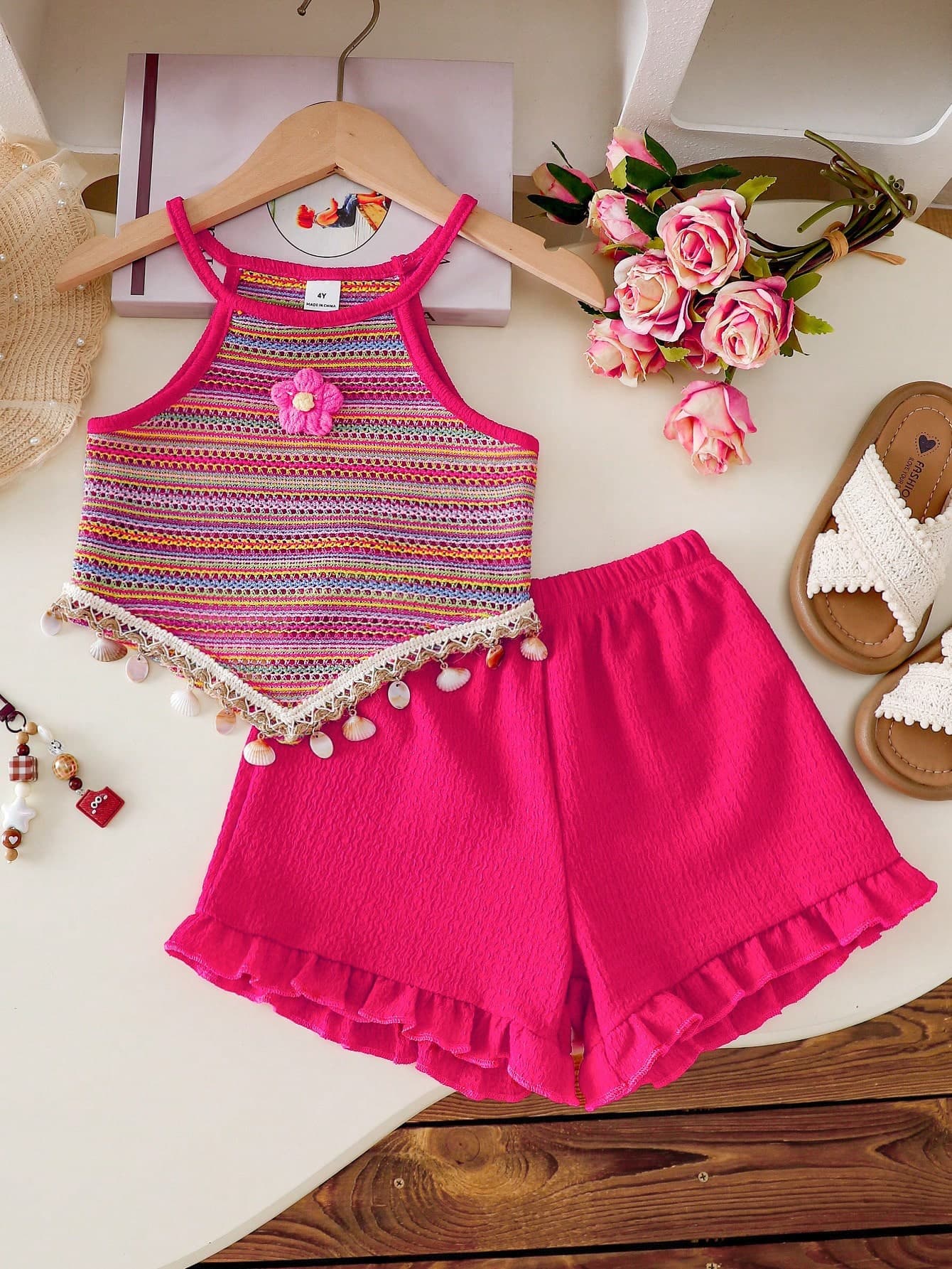 SHEIN Genkimix Kids Summer New Vacation Casual Cute Girls Toddler Camisole V-Neck Crochet Striped Beach Fabric Cute Crochet Shell Trim Top With Matching Textured Ruffle Shorts Set