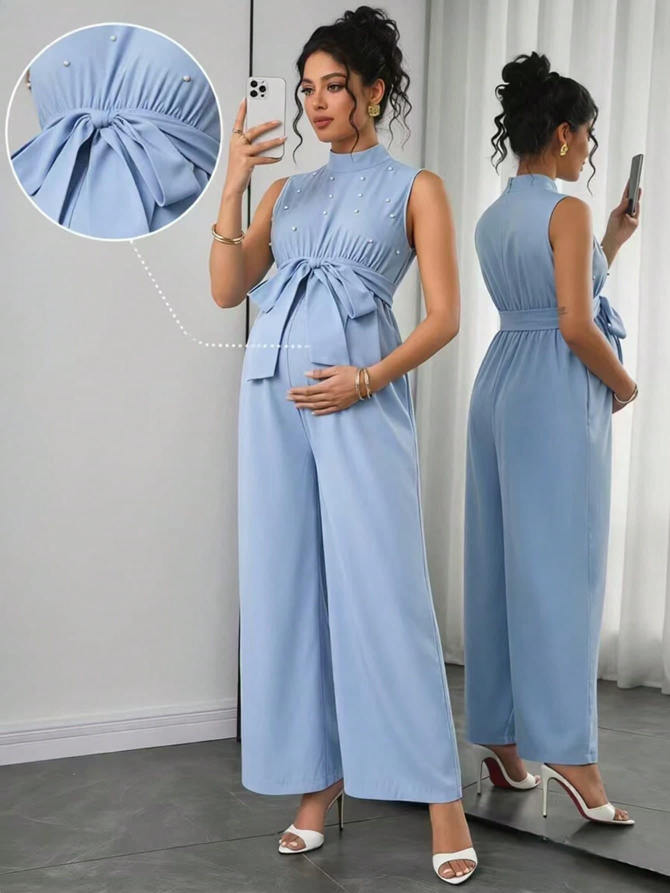 Momance Maternity Jumpsuit With Stand Collar, Sleeveless, Full Pearl Design, Waist Tie Bow, Wide Leg Baby Shower Pregnant Blue Elegant Photoshoot Summer