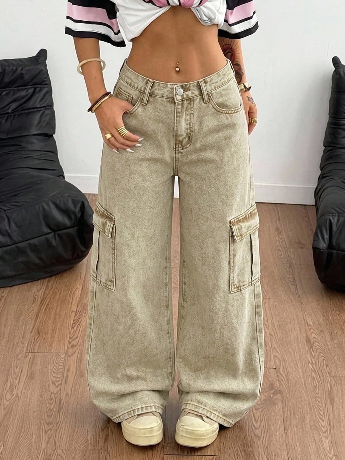 SHEIN Tween Girls Fashion Casual Y2k Vintage Cool Street Workwear Pocket Design Khaki Loose-Fit Workwear Jeans For Tween Girl Clothes Tween Girls Dailywear And Tween Girl Spring To Summer Rave Outfits Festival And Outfits Streetwear Clothes