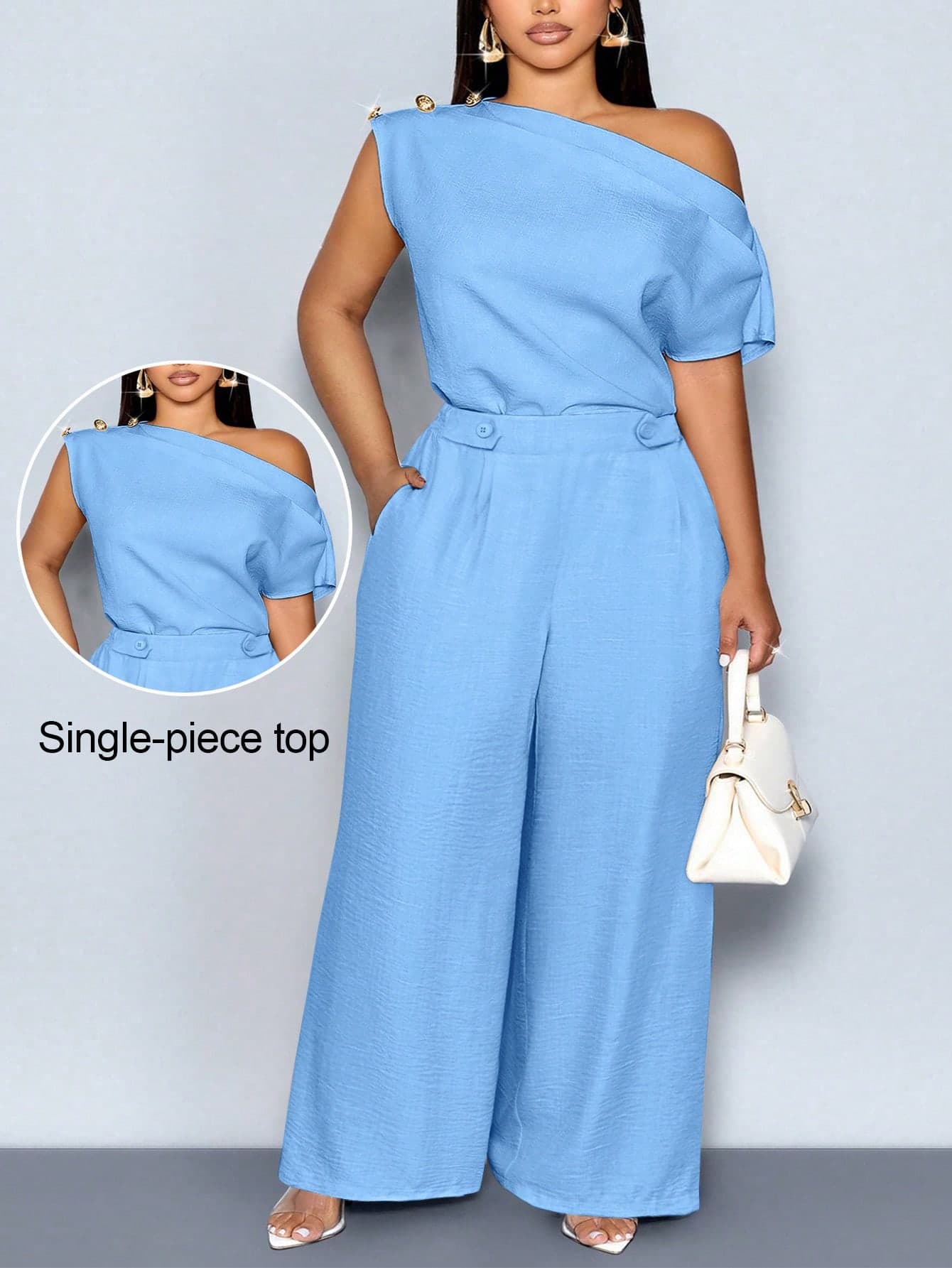 SOLERSUN Women's Plus Size Baby Blue Summer Elegant Party Asymmetrical Collar Sleeveless Metal Button Fitted Solid One Shoulder Blouse Office Commuter Top